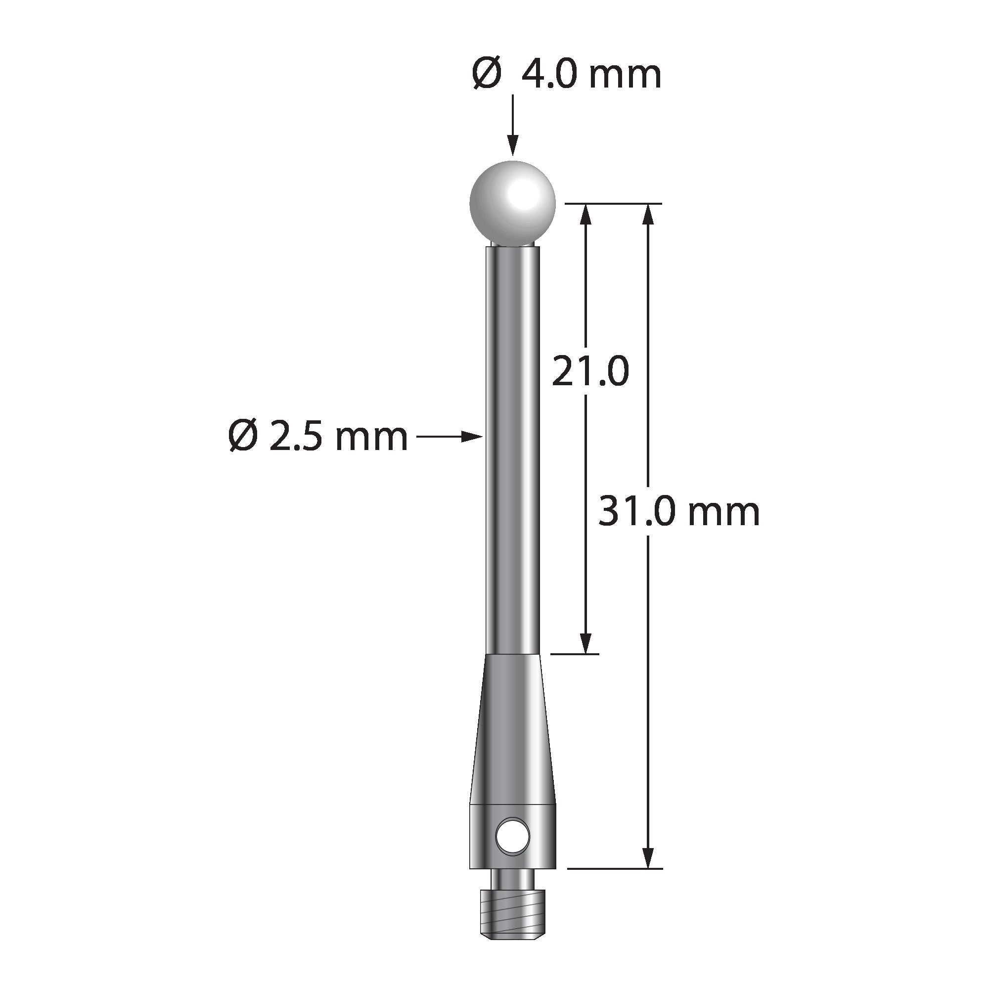 TM3-4033-S-Z M3 stylus with 4.0mm zirconia ball and stainless steel body, 31.0mm long.