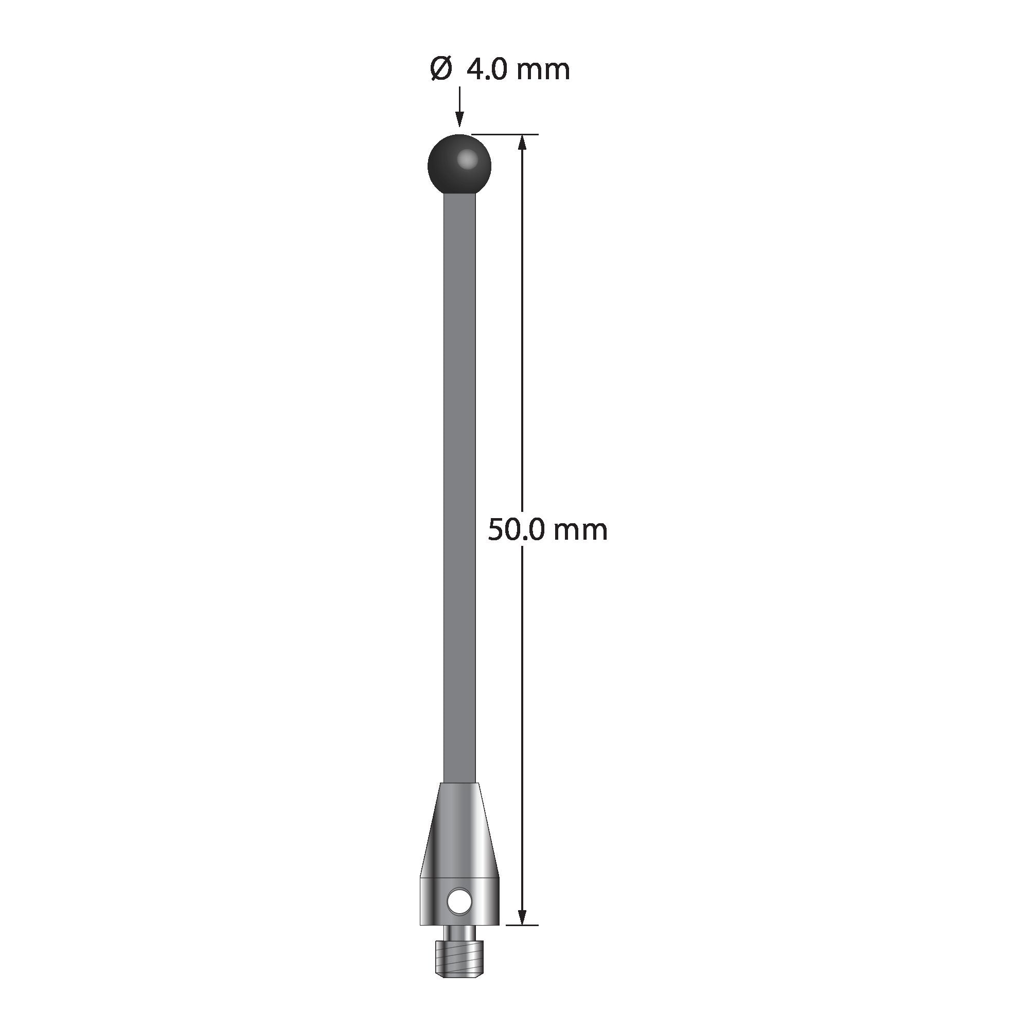 TM3-4050-TX-SN M3 stylus with 4.0mm silicon nitride ball, carbon fiber stem, and titanium base, 50mm long.