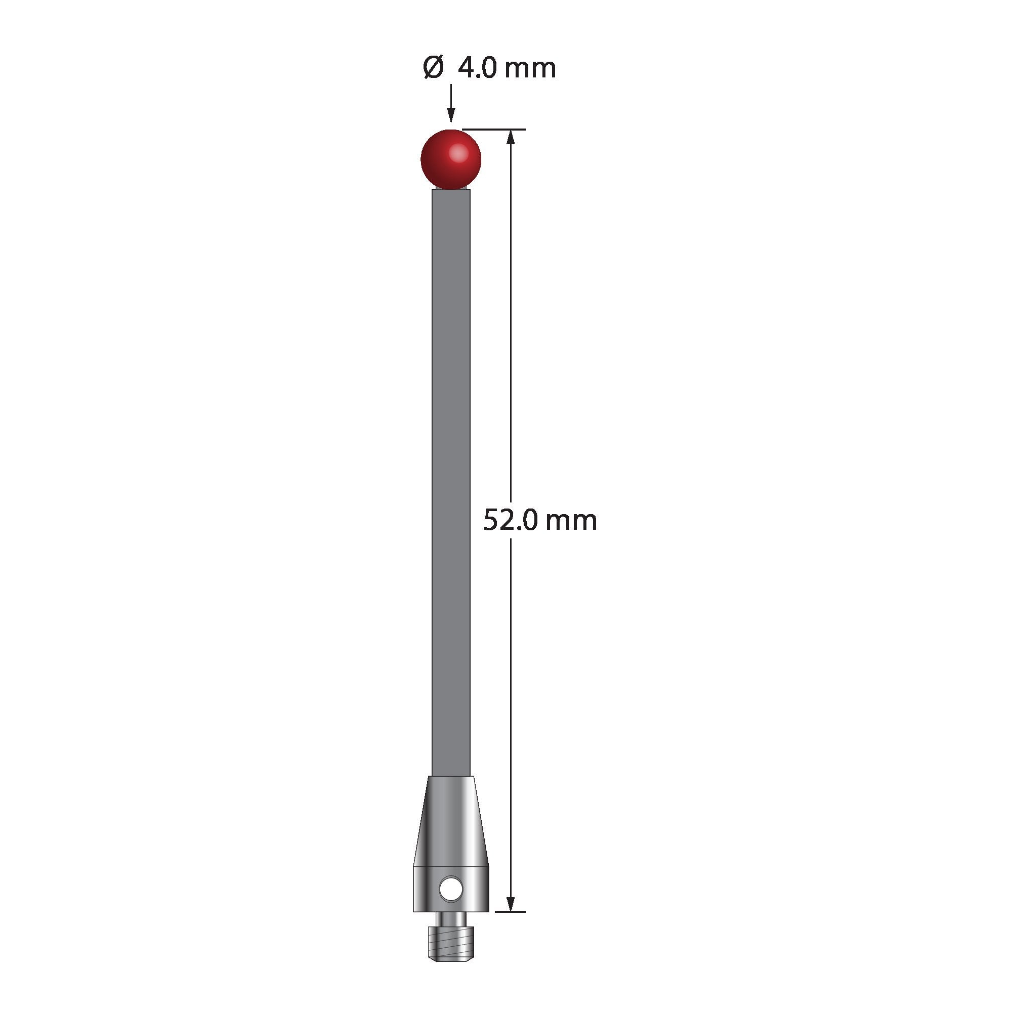 TM3-4052-TX M3 stylus with 4.0mm ruby ball, carbon fiber stem, and titanium base, 52.0mm long.