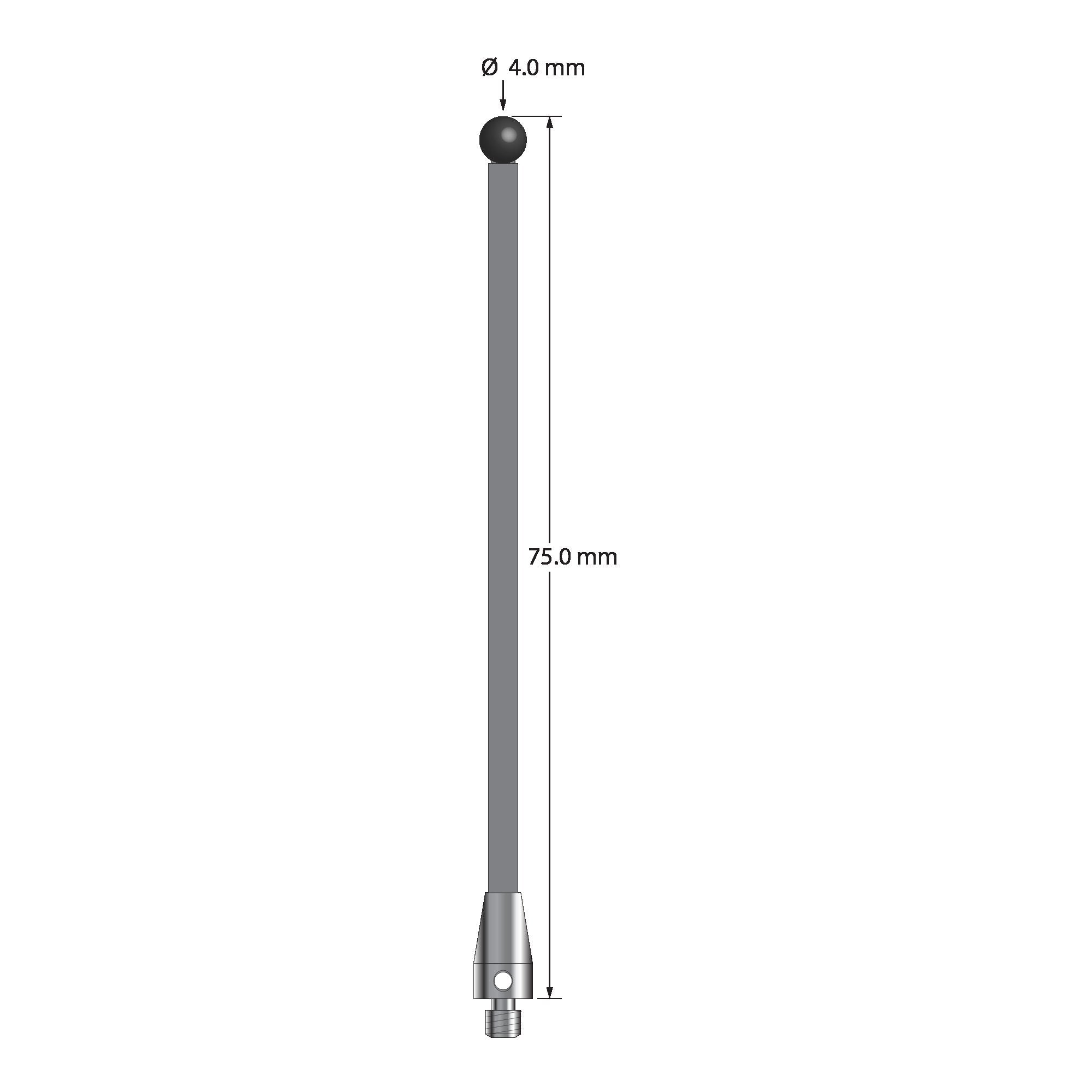 TM3-4075-TX-SN M3 stylus with 4.0mm silicon nitride ball, carbon fiber stem, and titanium base, 75mm long.