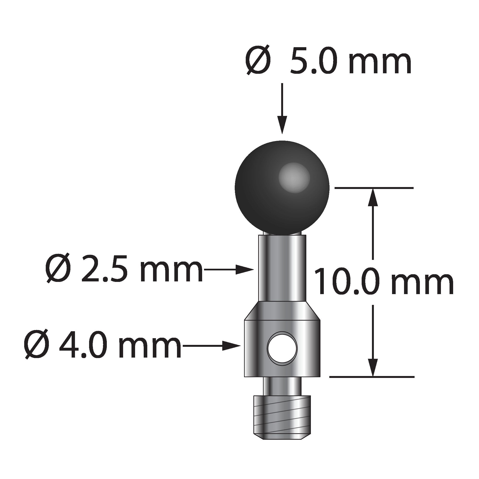 TM3-5010-S-SN M3 stylus with 5.0mm silicon nitride ball and stainless steel stem, 10.0mm length.