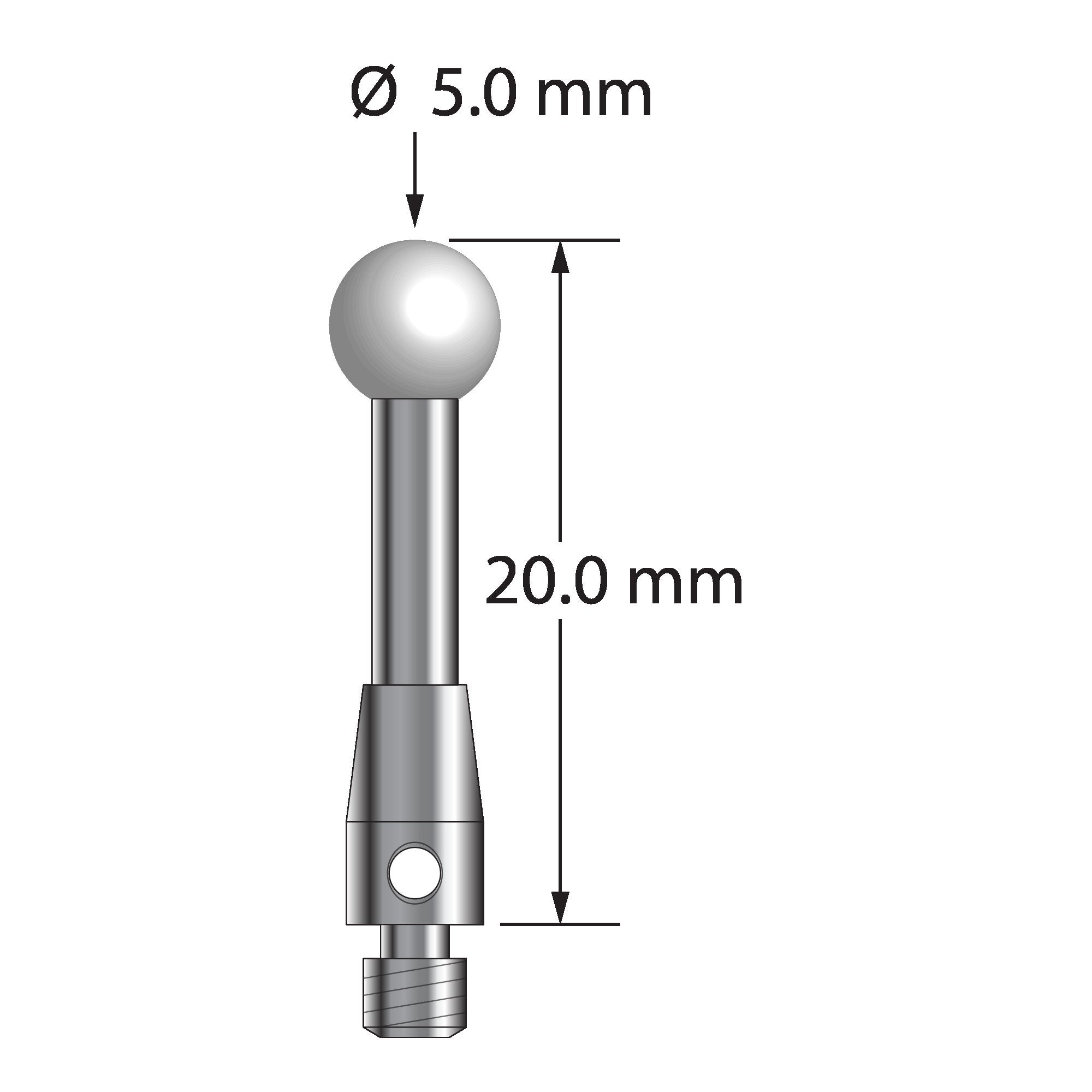 TM3-5020-Z M3 stylus with 5.0mm zirconia ball, carbide stem, and stainless steel base, 20.0mm long.