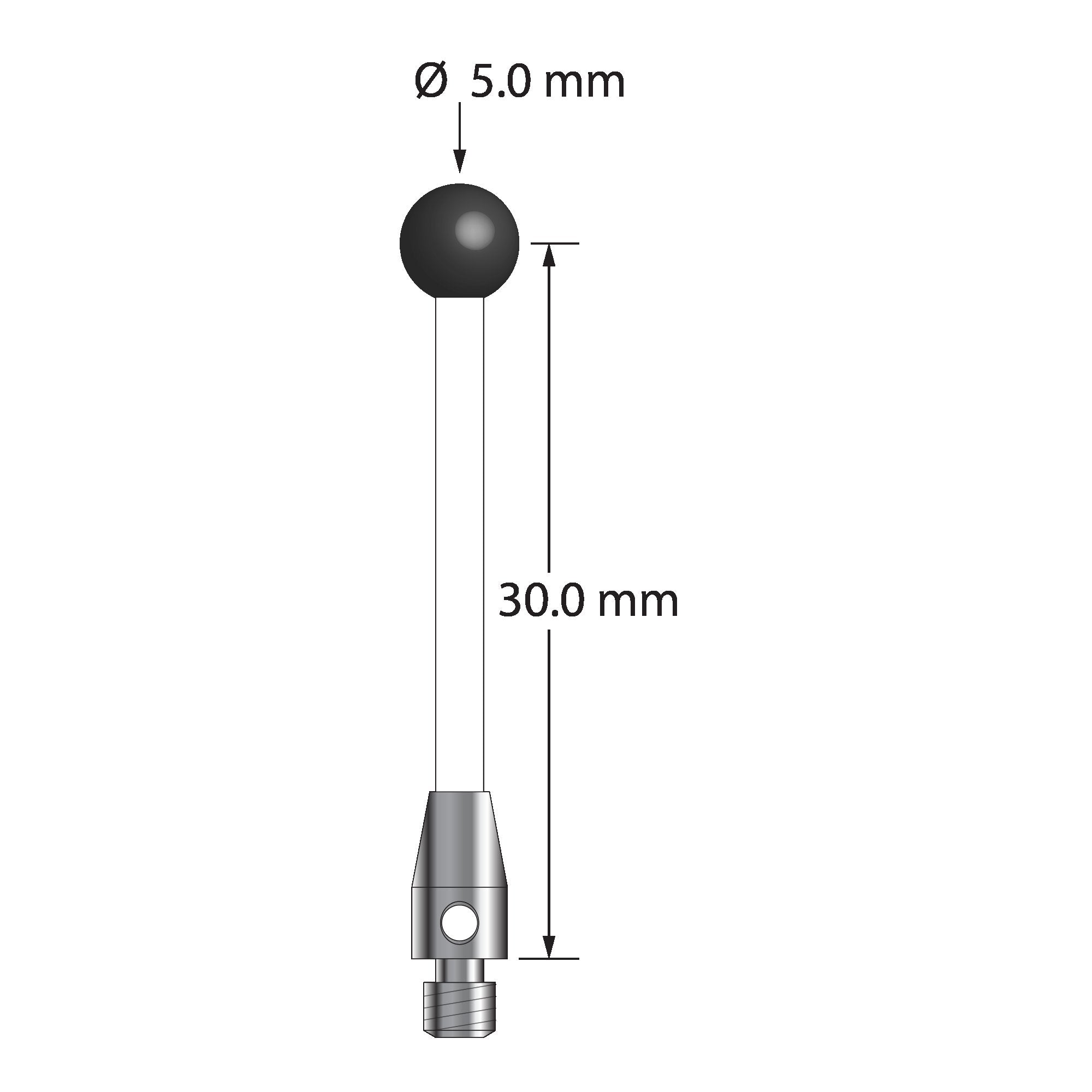 TM3-5032.5-C-SN M3 stylus with 5.0mm silicon nitride ball, ceramic stem, and stainless steel base.