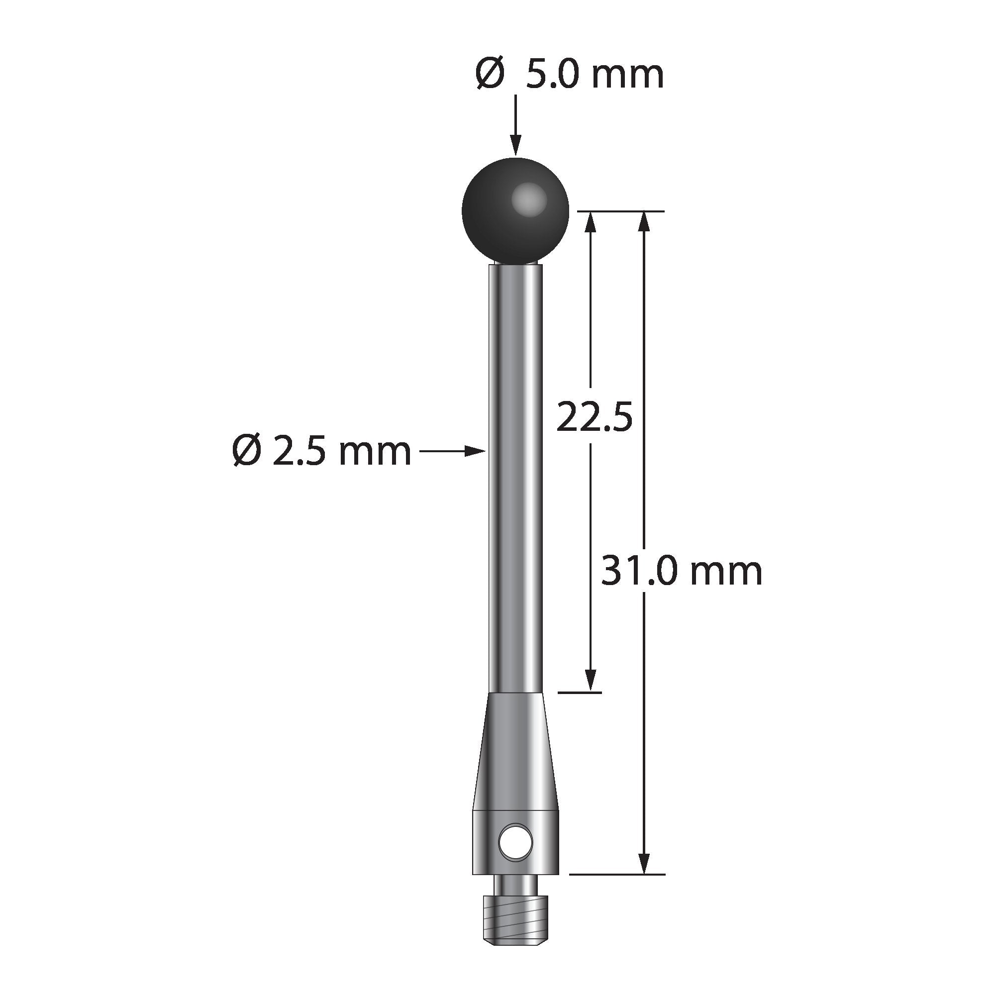 TM3-5033.5-S-SN M3 stylus with 5.0mm silicon nitride ball and stainless steel body, 31.0mm length.