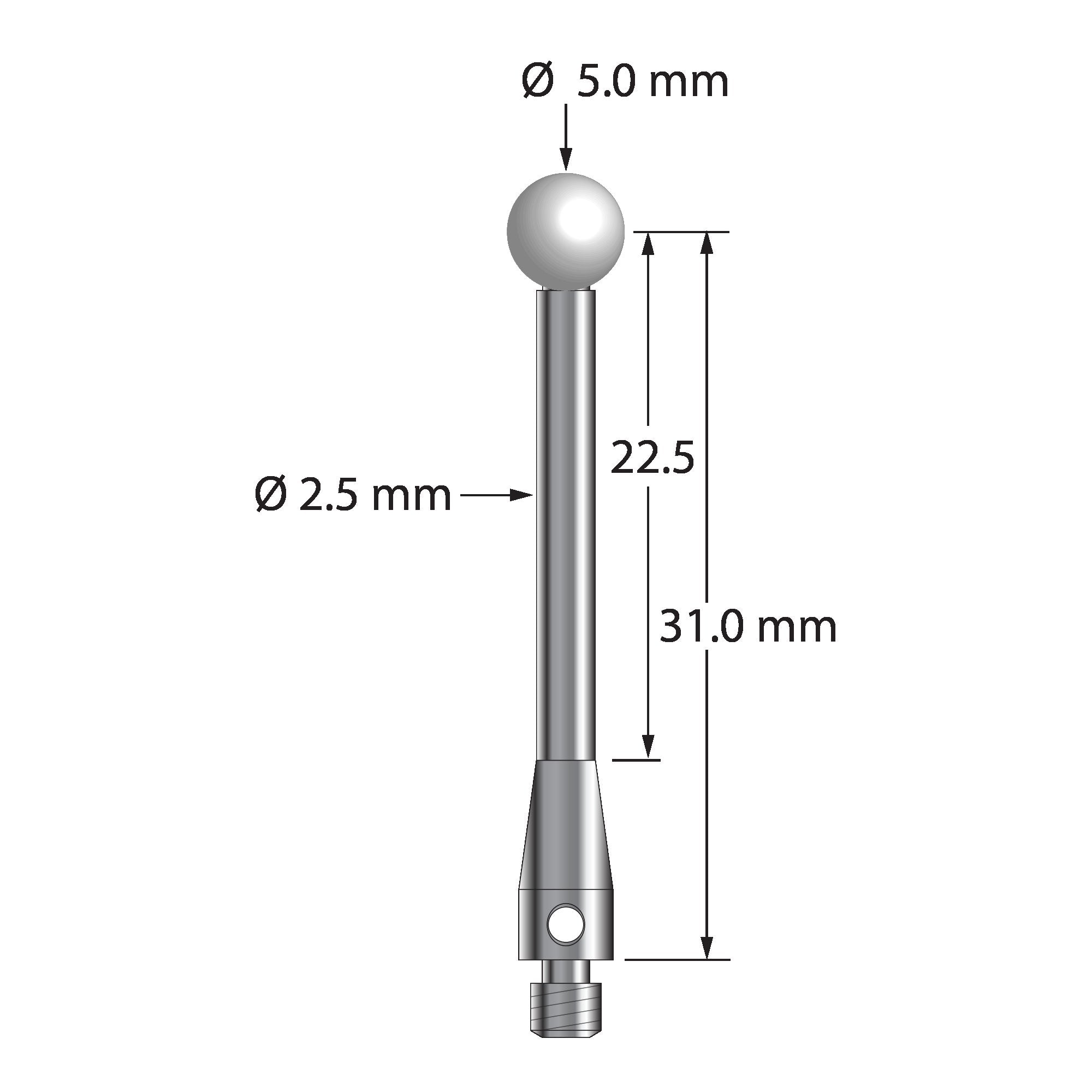 TM3-5033.5-S-Z M3 stylus with 5.0mm zirconia ball and stainless steel body, 31.0mm long by Q-Mark Manufacturing, Inc.
