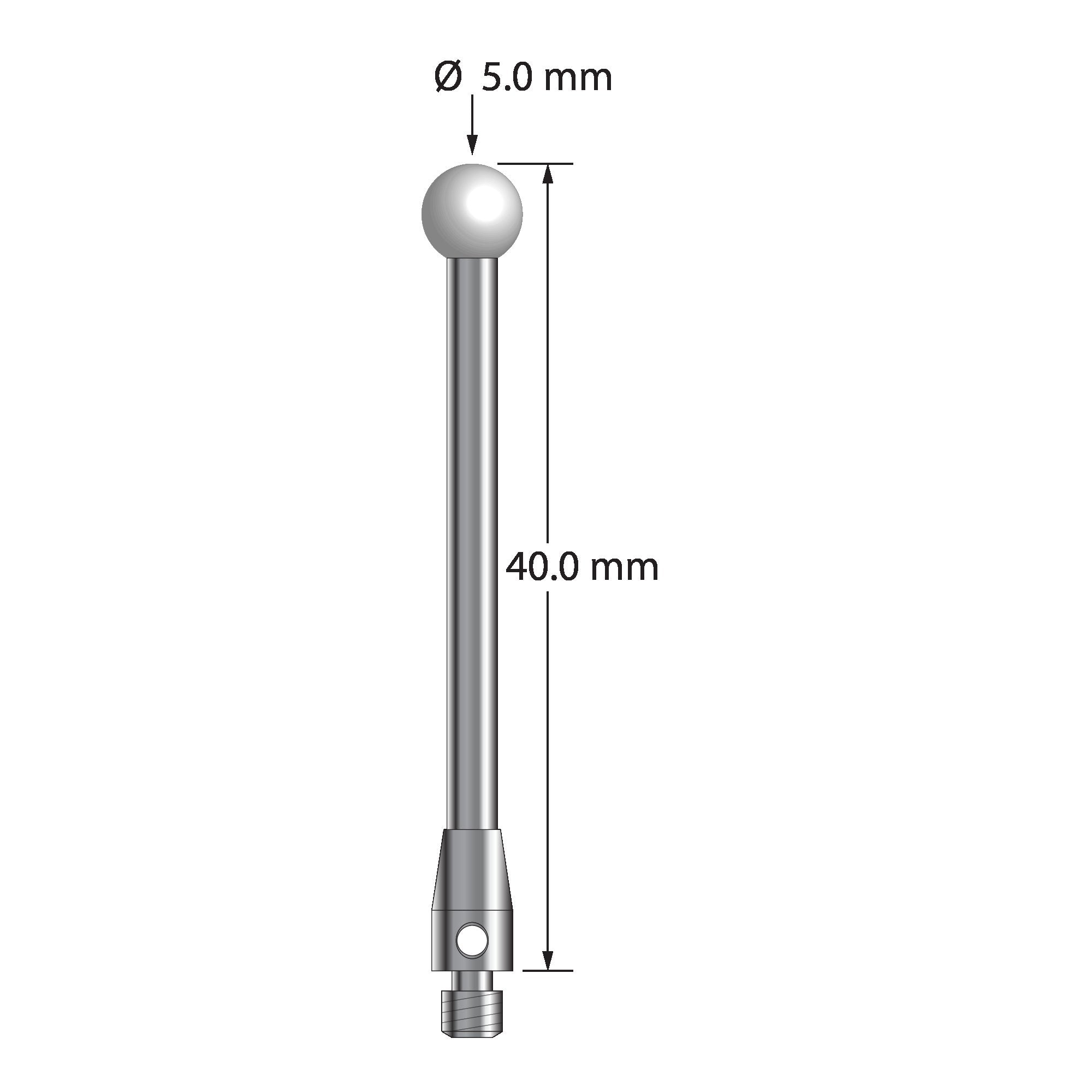 TM3-5040-Z M3 stylus with 5.0mm zirconia ball, carbide stem, and stainless steel base, 40.0mm long.