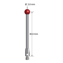 TM3-5042.5 M3 stylus with 5.0mm ruby ball, carbide stem, and stainless steel base, 40.0mm long.