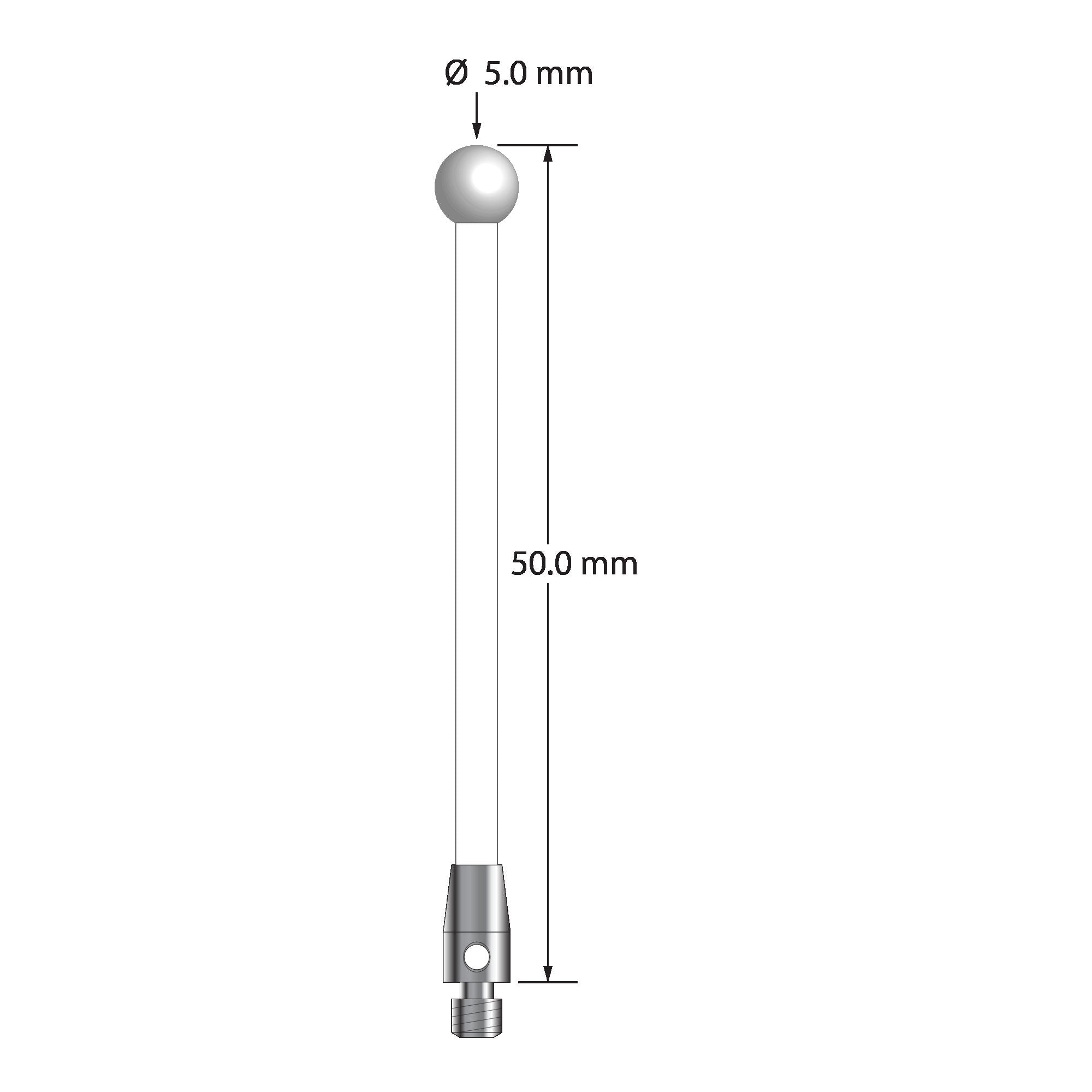 TM3-5050-C-Z M3 stylus with 5.0mm zirconia ball, ceramic stem, and stainless steel base, 50.0mm long.