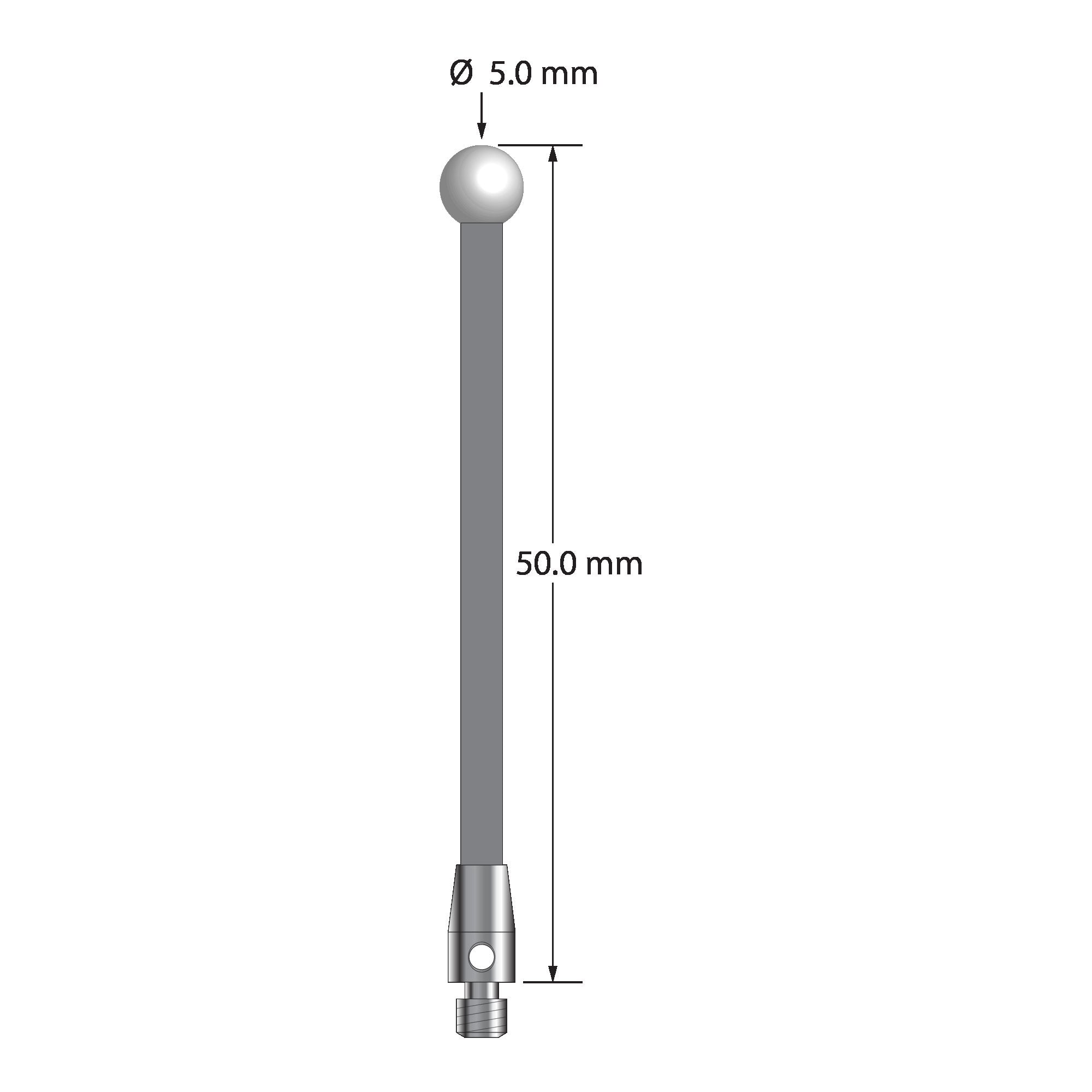 TM3-5050-G-Z M3 stylus, 5.0mm zirconia ball, carbon fiber stem, stainless steel base, 50.0mm long.
