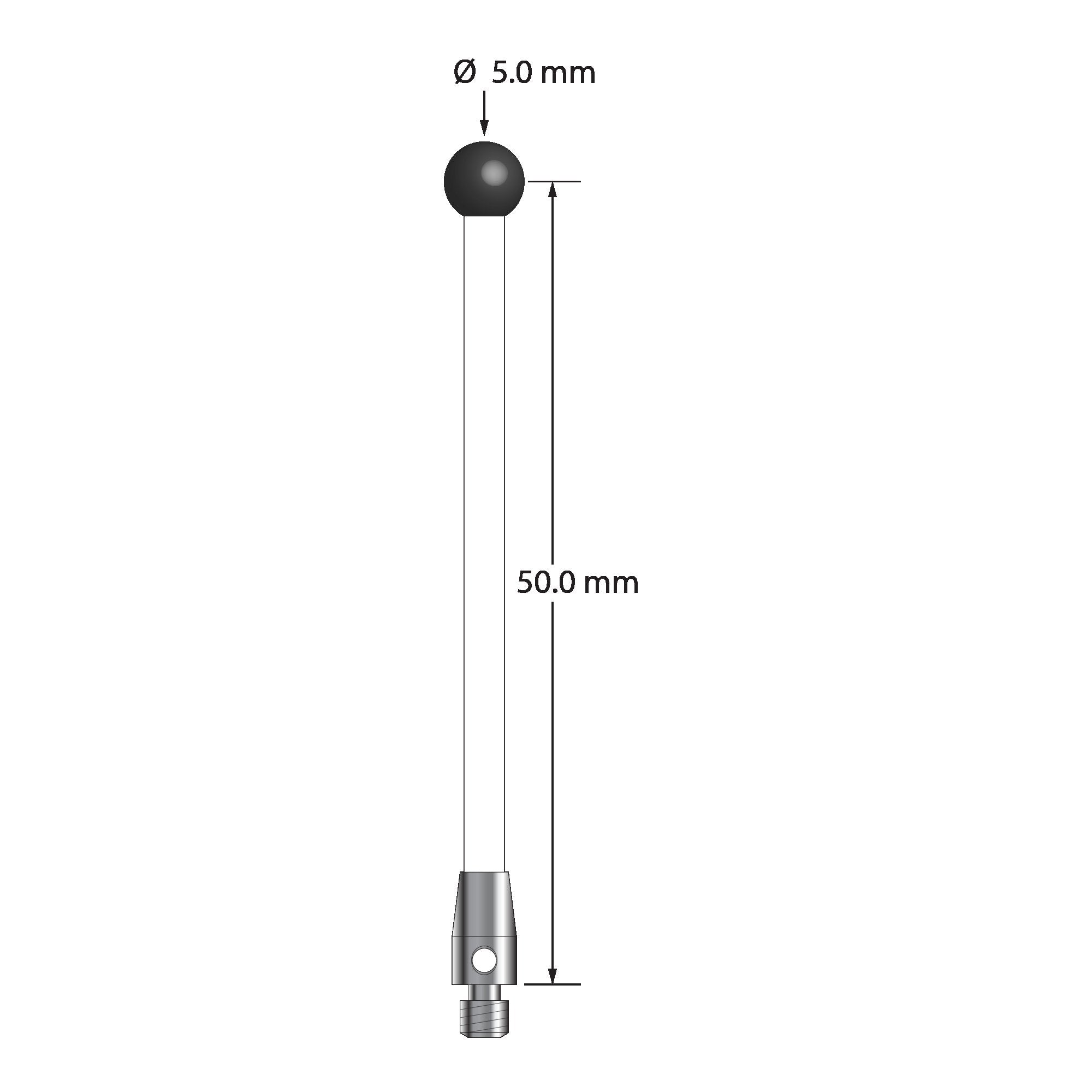 TM3-5052.5-C-SN M3 stylus with 5.0mm silicon nitride ball, ceramic stem, and stainless steel base, 50mm long.