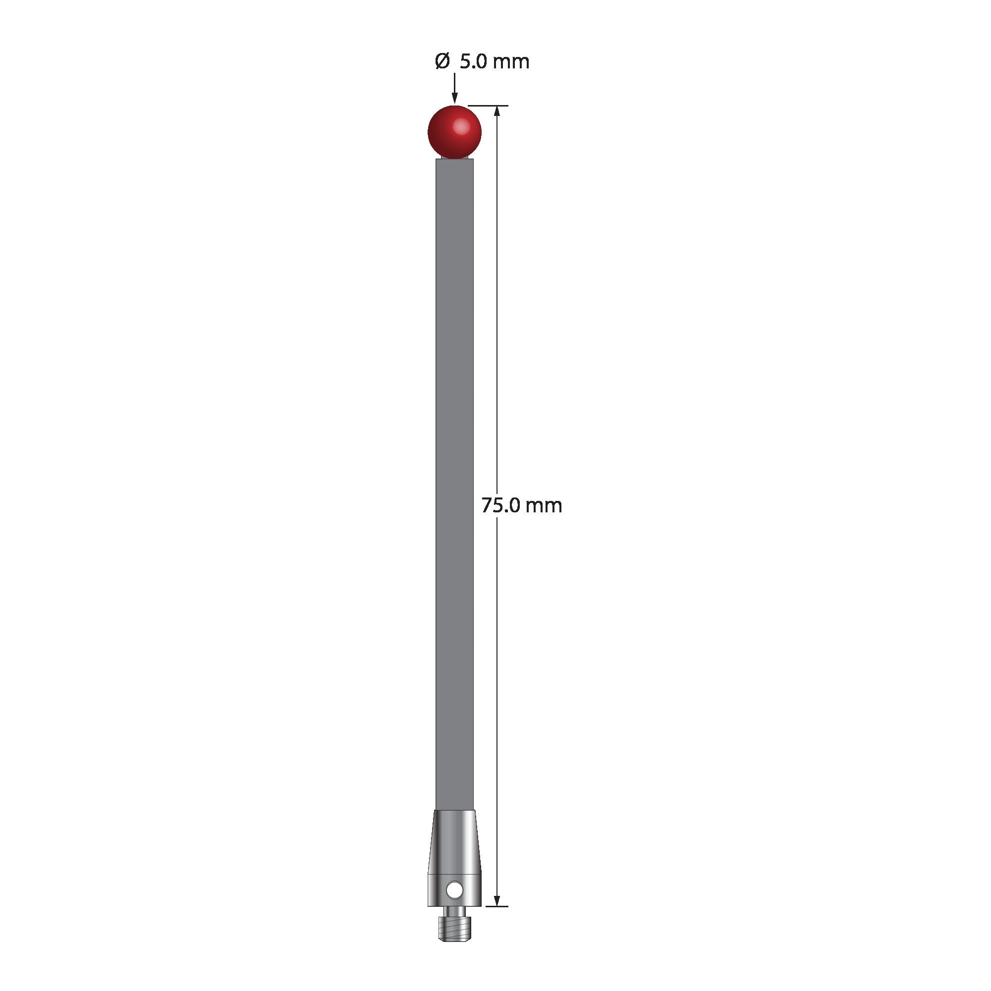 TM3-5075-TX M3 stylus with ruby ball, carbon fiber stem, and titanium base, 75mm long.