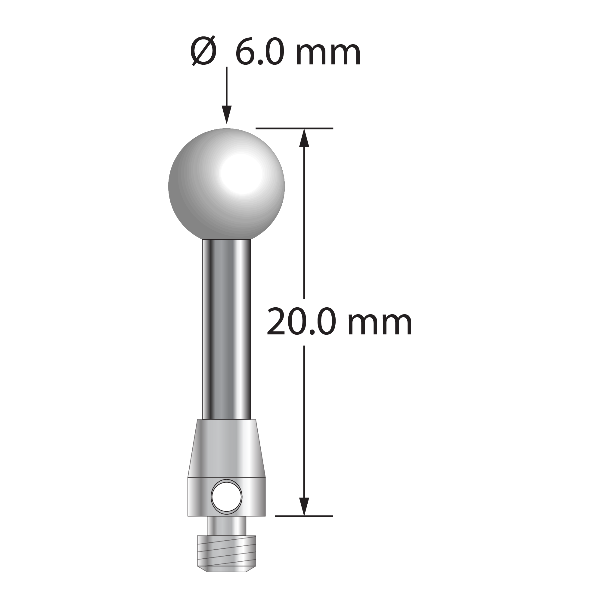 TM3-6020-Z M3 stylus with 6mm zirconia ball, carbide stem, and stainless steel base, 20mm long.