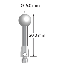 TM3-6020-Z M3 stylus with 6mm zirconia ball, carbide stem, and stainless steel base, 20mm long.