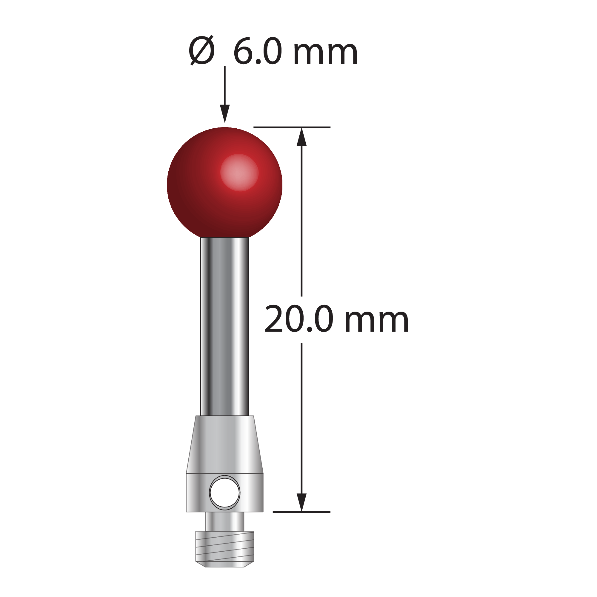 TM3-6020 M3 stylus with 6.0mm ruby ball, carbide stem, and stainless steel base, 20.0mm long.