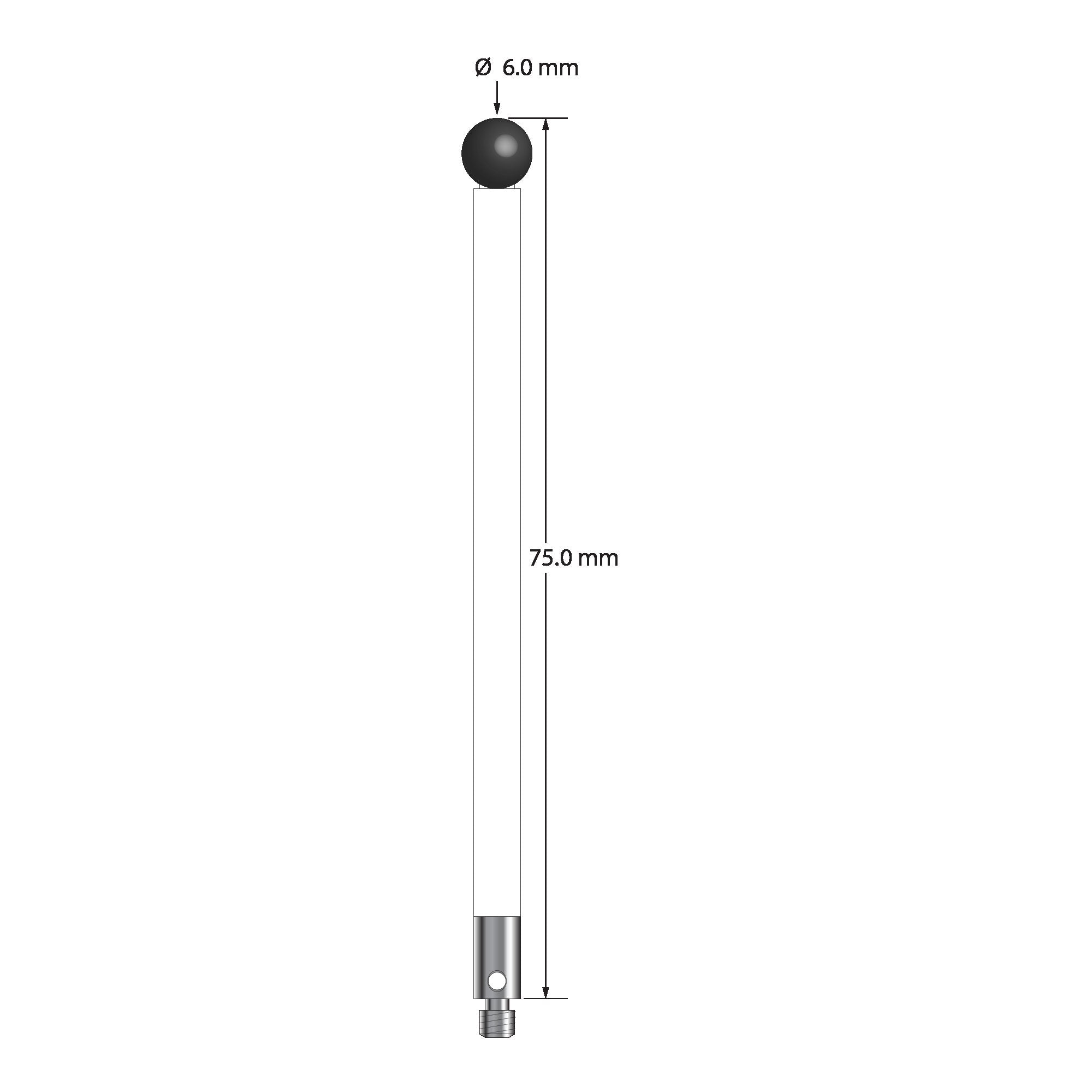 TM3-6075-C-SN M3 stylus with 6.0mm silicon nitride ball, ceramic stem, and stainless steel base, 75mm long.