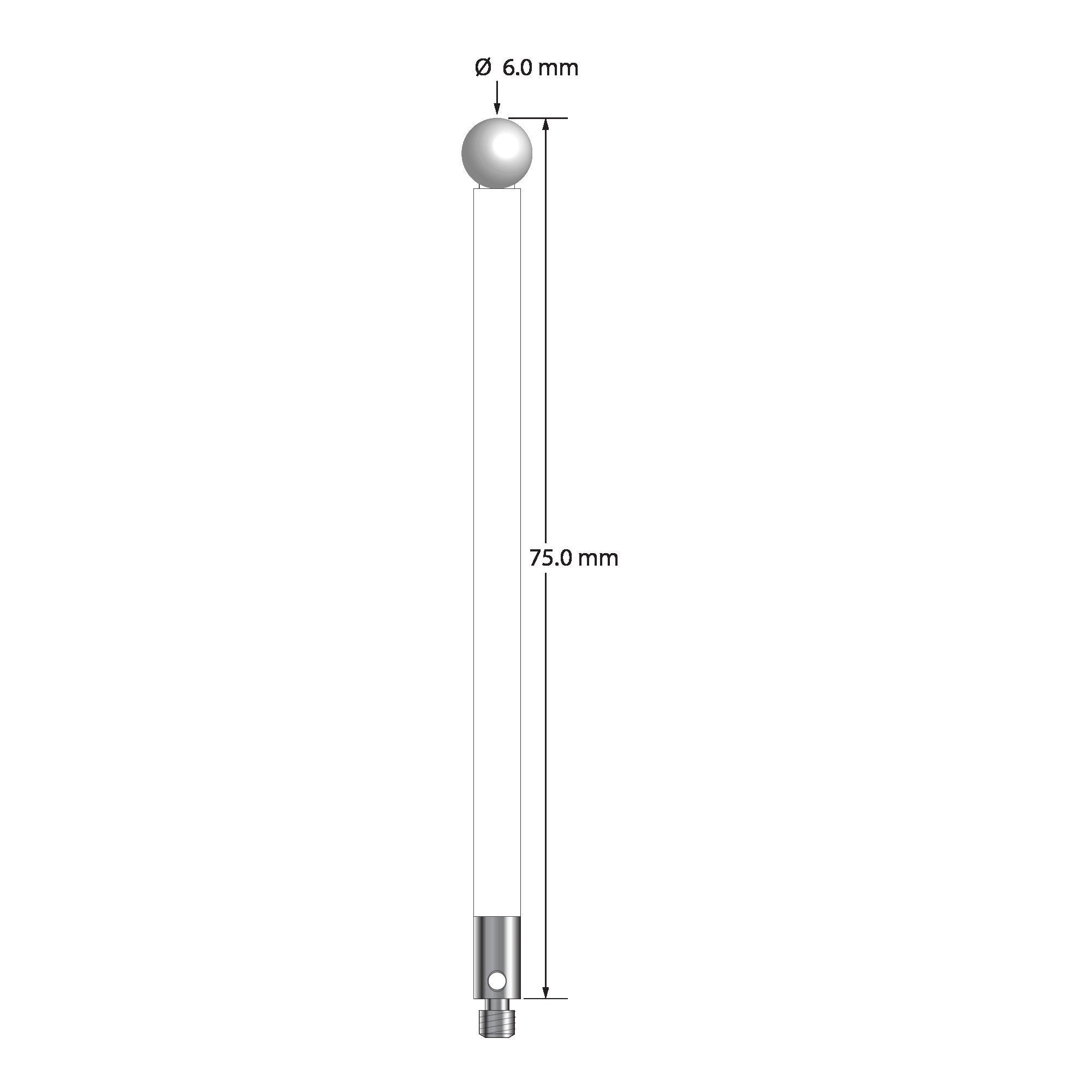 TM3-6075-C-Z M3 stylus with 6.0mm zirconia ball, ceramic stem, and stainless steel base, 75mm long.