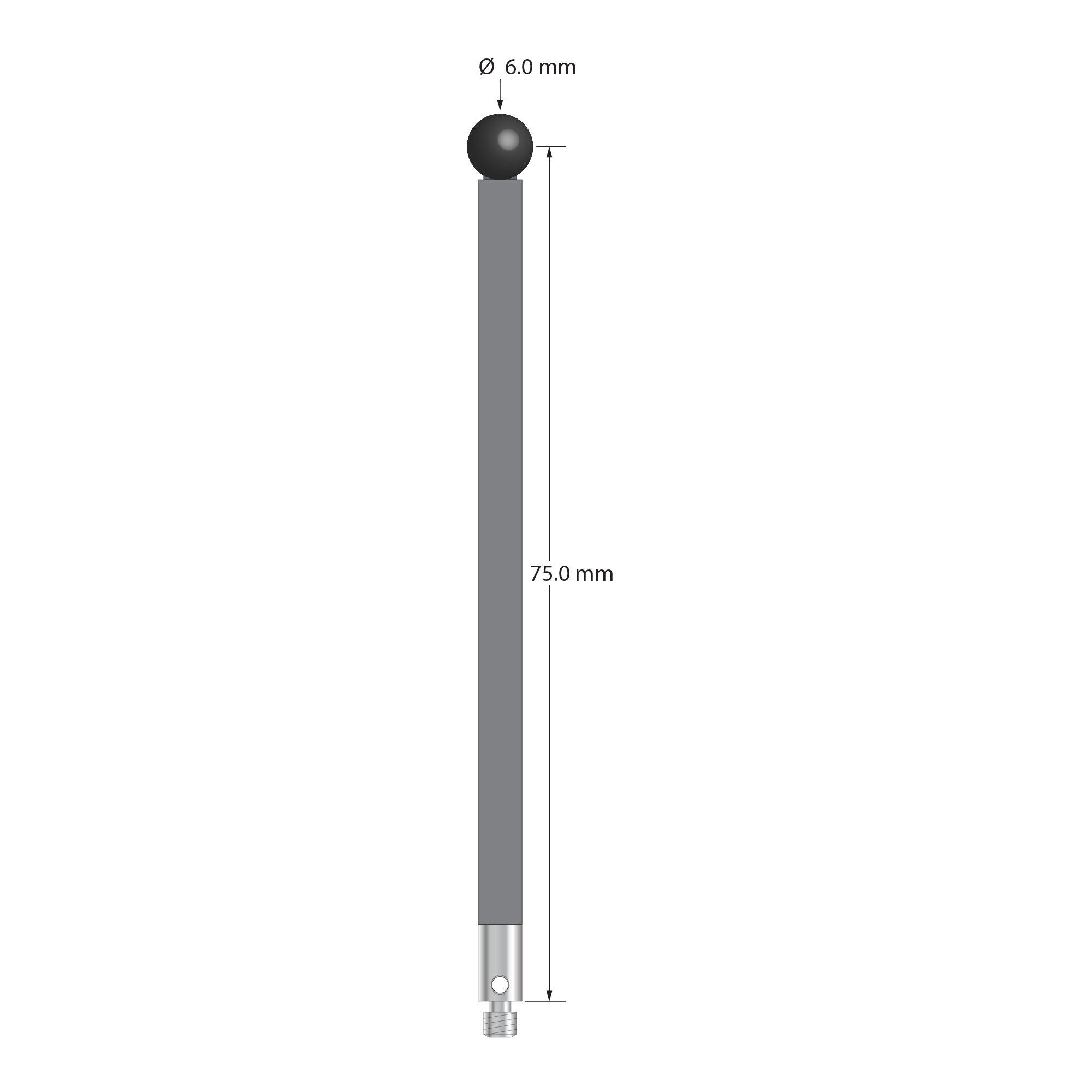 TM3-6078-G-SN M3 stylus with 6.0mm silicon nitride ball, carbon fiber stem, and stainless steel base.