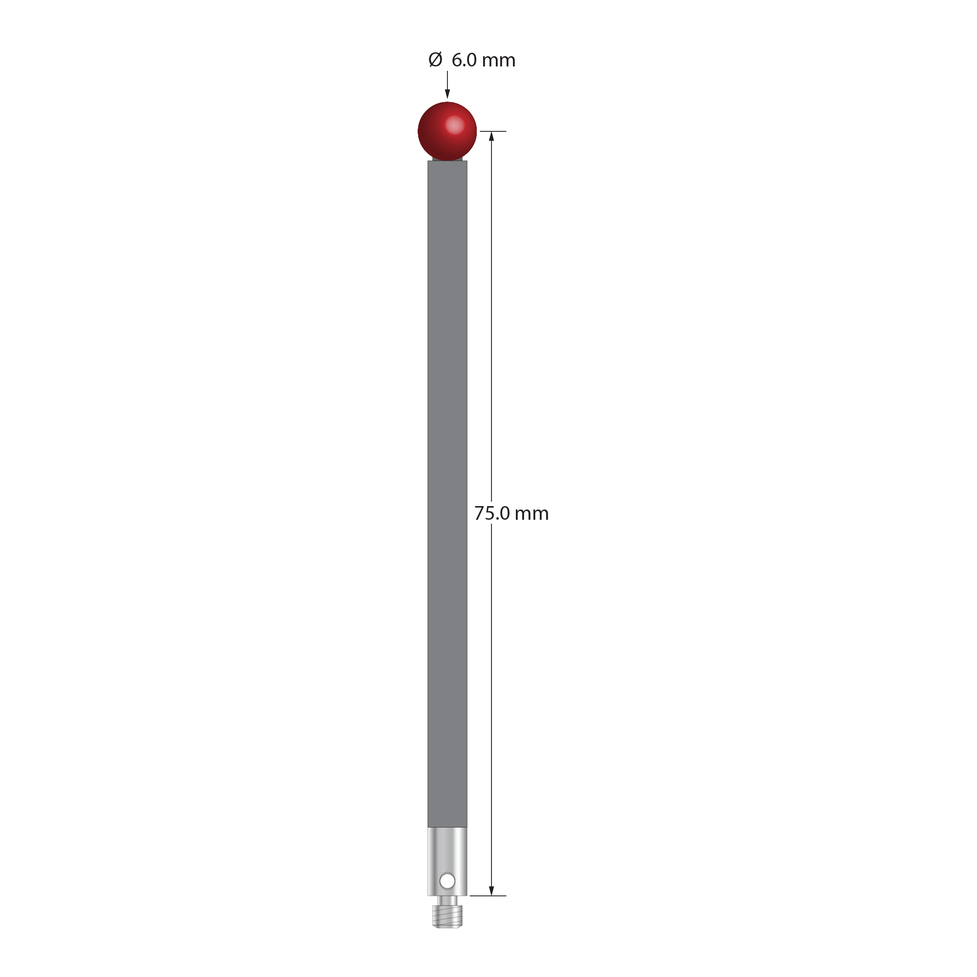 TM3-6078-G M3 stylus with 6mm ruby ball, carbon fiber stem, and stainless steel base, 75mm long.