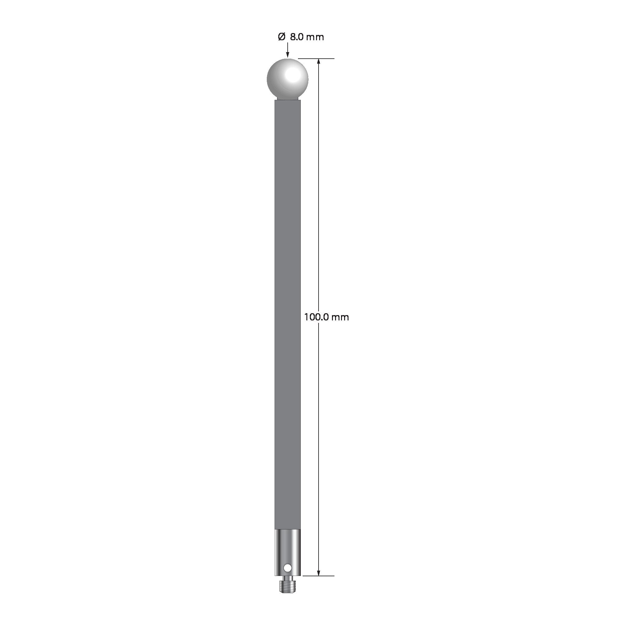 TM3-80100-TX-Z M3 stylus with 8.0mm zirconia ball, carbon fiber stem, and titanium base, 100mm long.