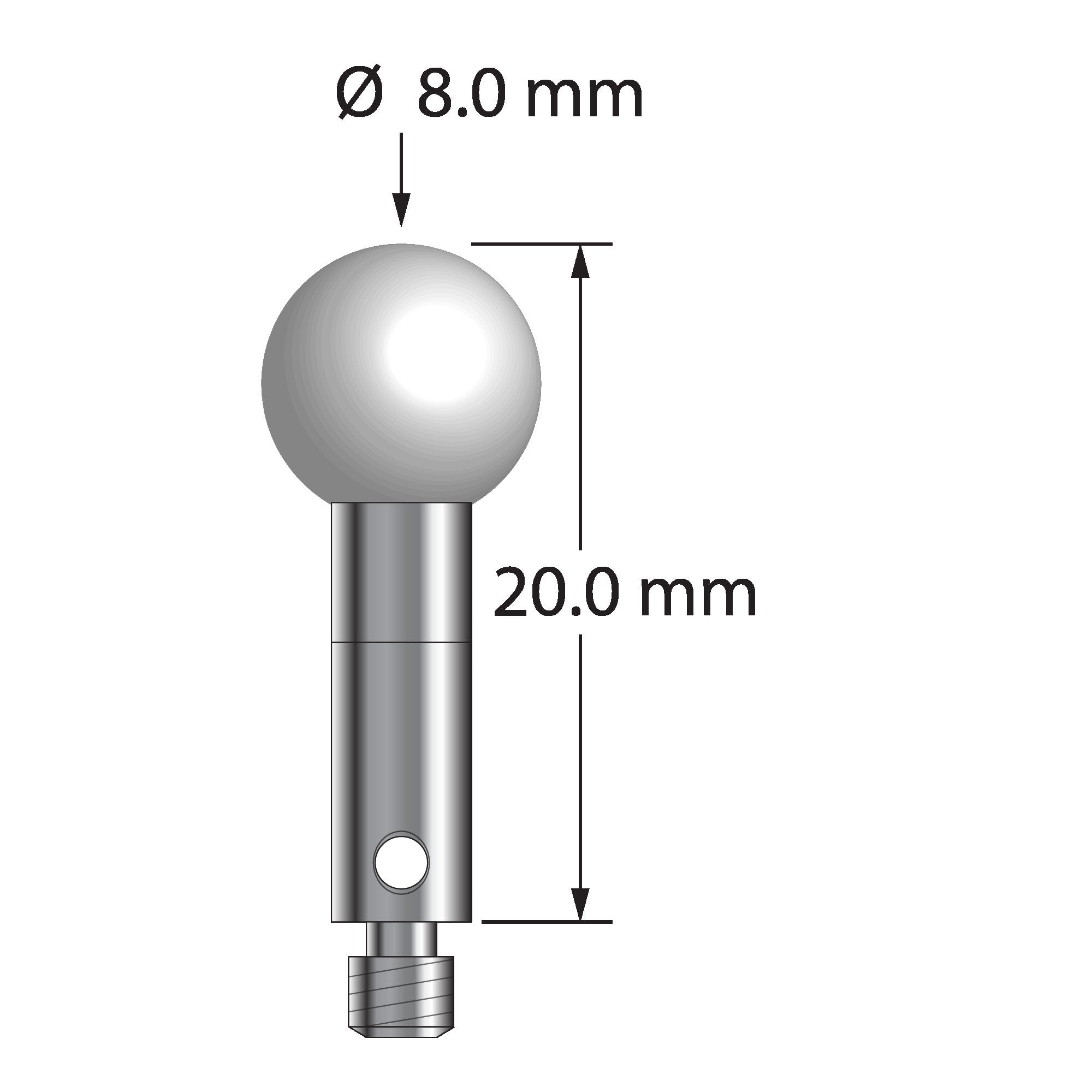 TM3-8020-Z M3 stylus with 8.0mm zirconia ball, carbide stem, and stainless steel base, 20.0mm long by Q-Mark Manufacturing, Inc.