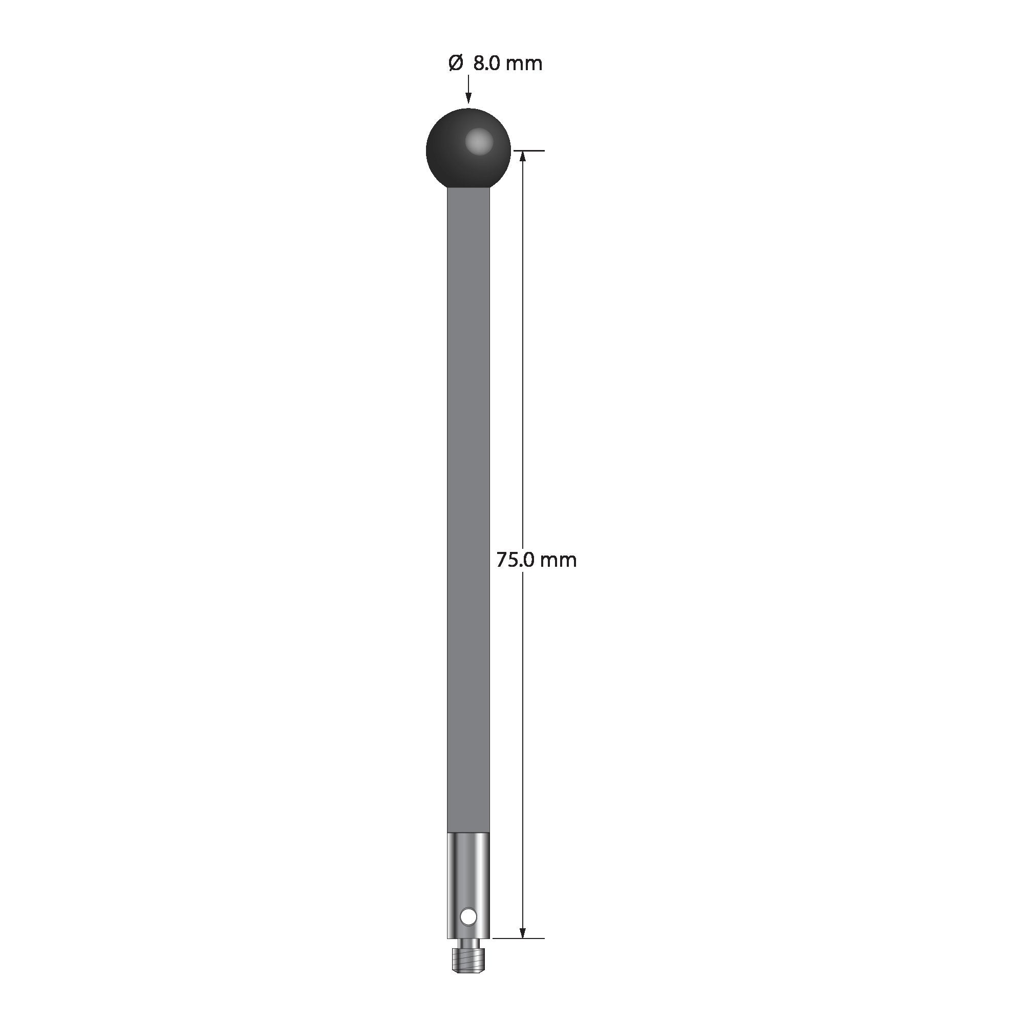 TM3-8079-G-SN M3 stylus, 8.0mm silicon nitride ball, carbon fiber stem, stainless steel base, 75mm long.