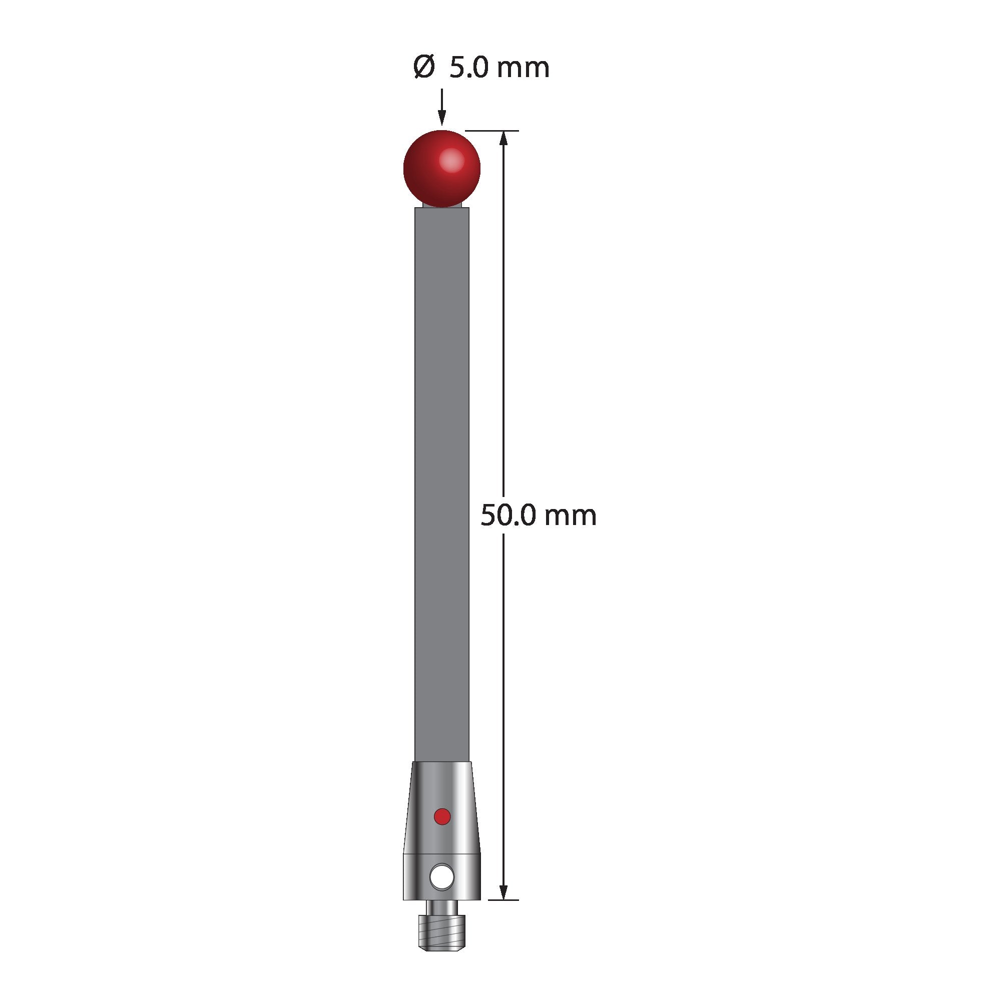 TM3-RDMP-50 M3 5.0mm ruby ball, carbon fiber stem, titanium base stylus with red dot, 50mm long by Q-Mark Manufacturing, Inc.