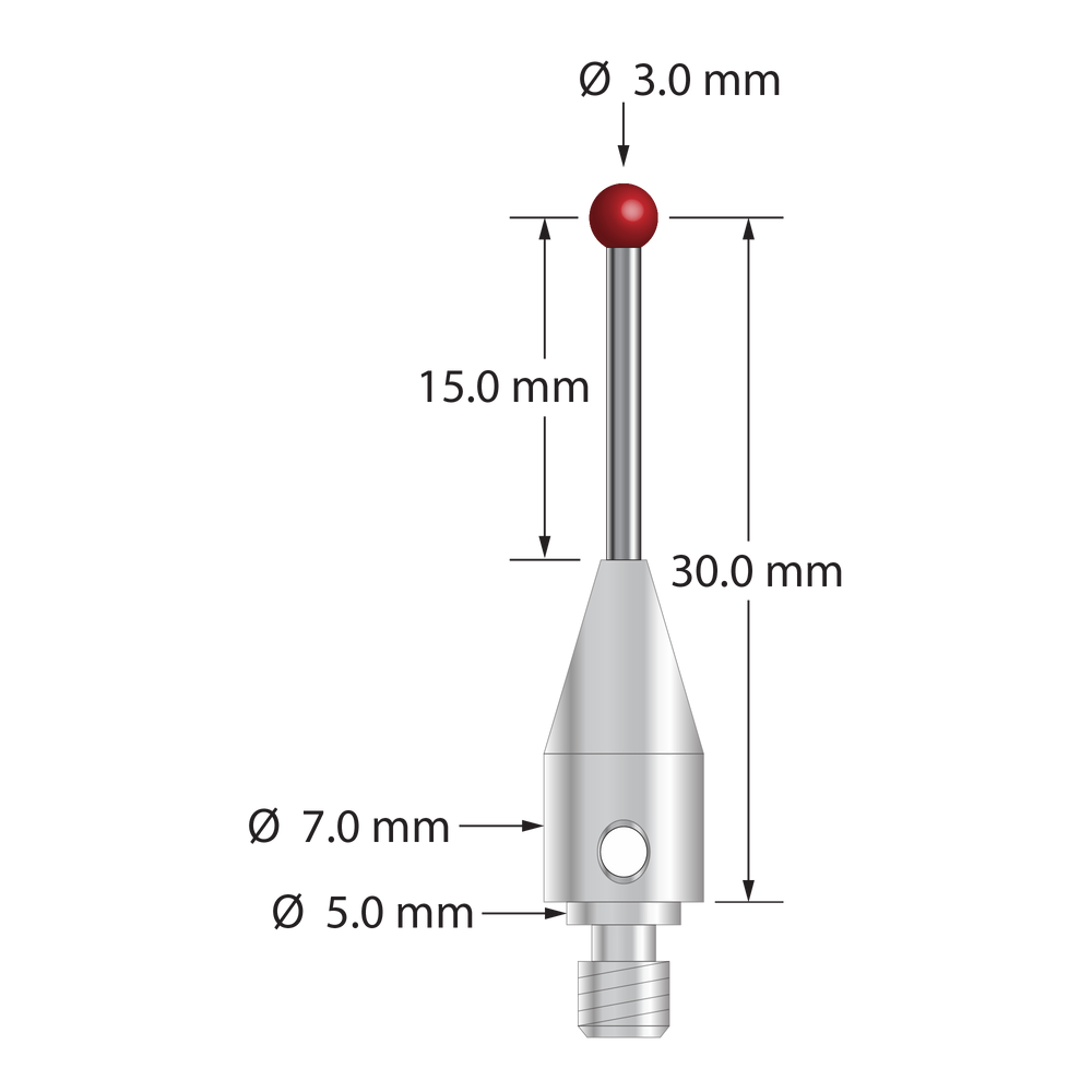 M4 stylus for Blum probe with 3.0 mm diameter ruby ball, 1.5 mm diameter carbide shaft, and stainless steel body.  Stylus length to ball center is 30.0 mm.  Compare to Blum P03.8000-022.030.03.