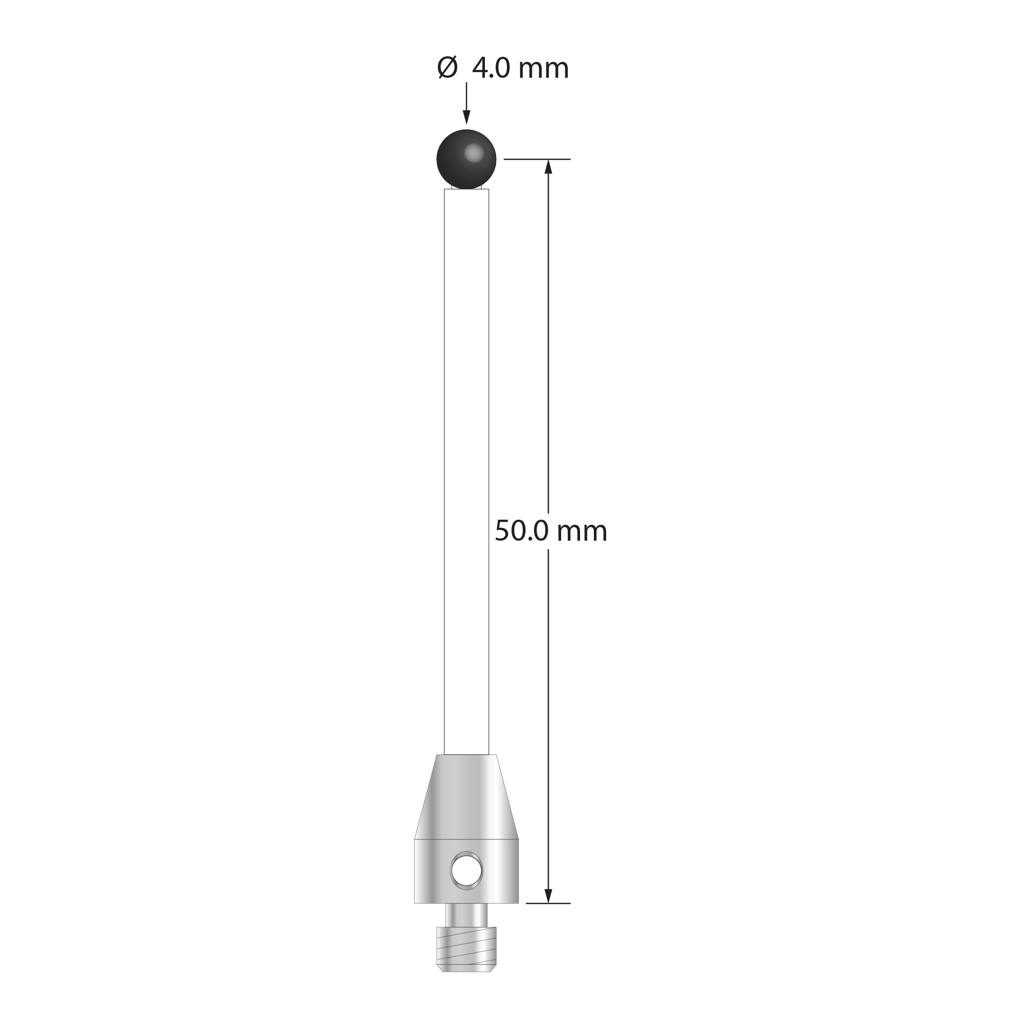 TM4-4052-C-SN M4 stylus with 4.0mm silicon nitride ball, ceramic stem, and stainless steel base.
