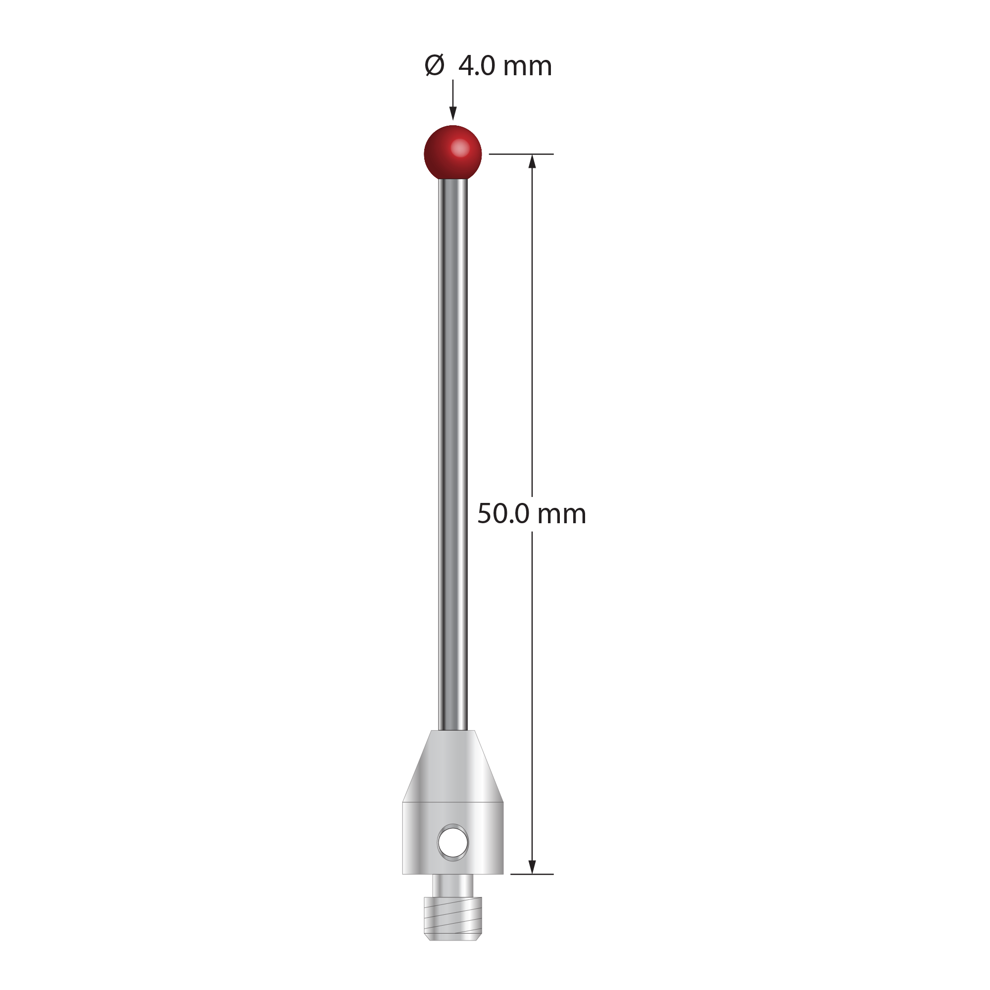 TM4-4052 M4 stylus with 4.0mm ruby ball, carbide stem, and stainless steel base, 50mm long.