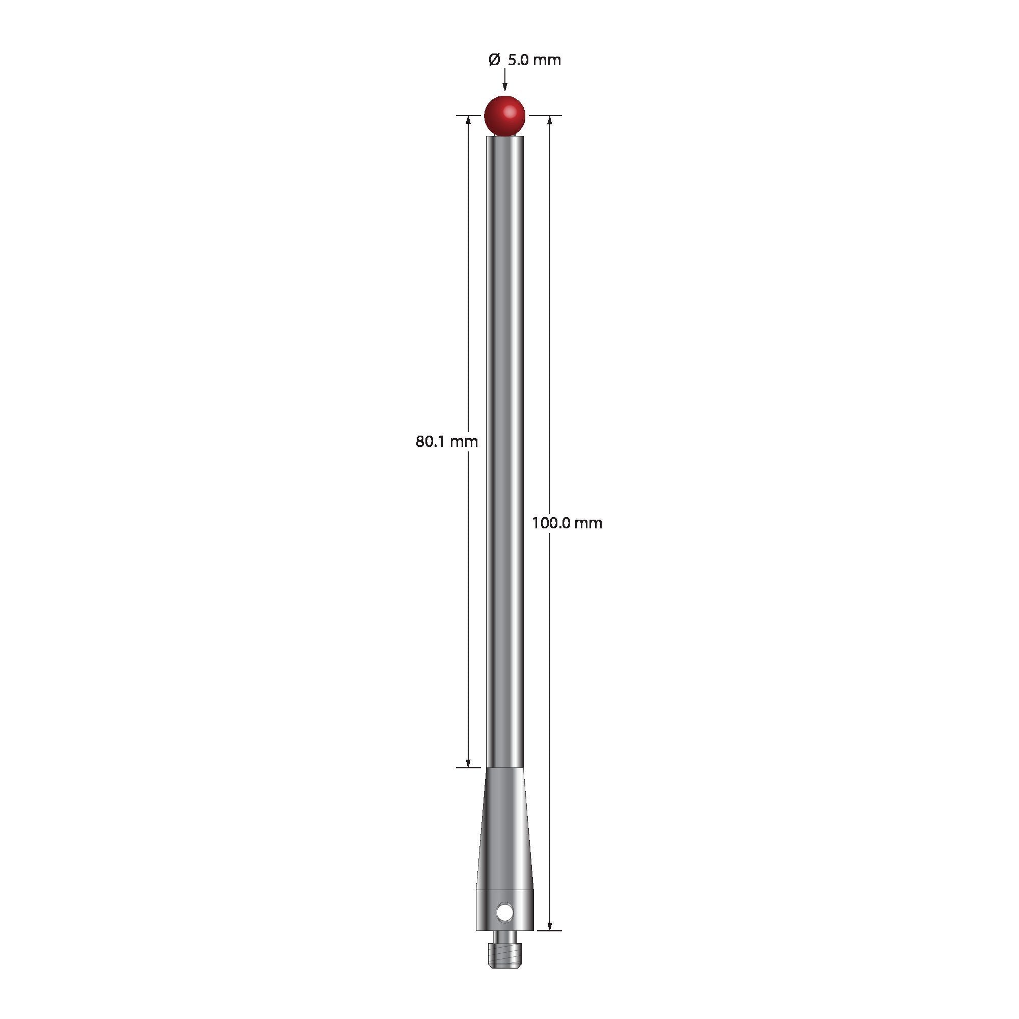 TM4-50102.5-S M4 stylus with 5.0mm ruby ball, stainless steel stem, and base, 100.0mm long by Q-Mark Manufacturing, Inc.