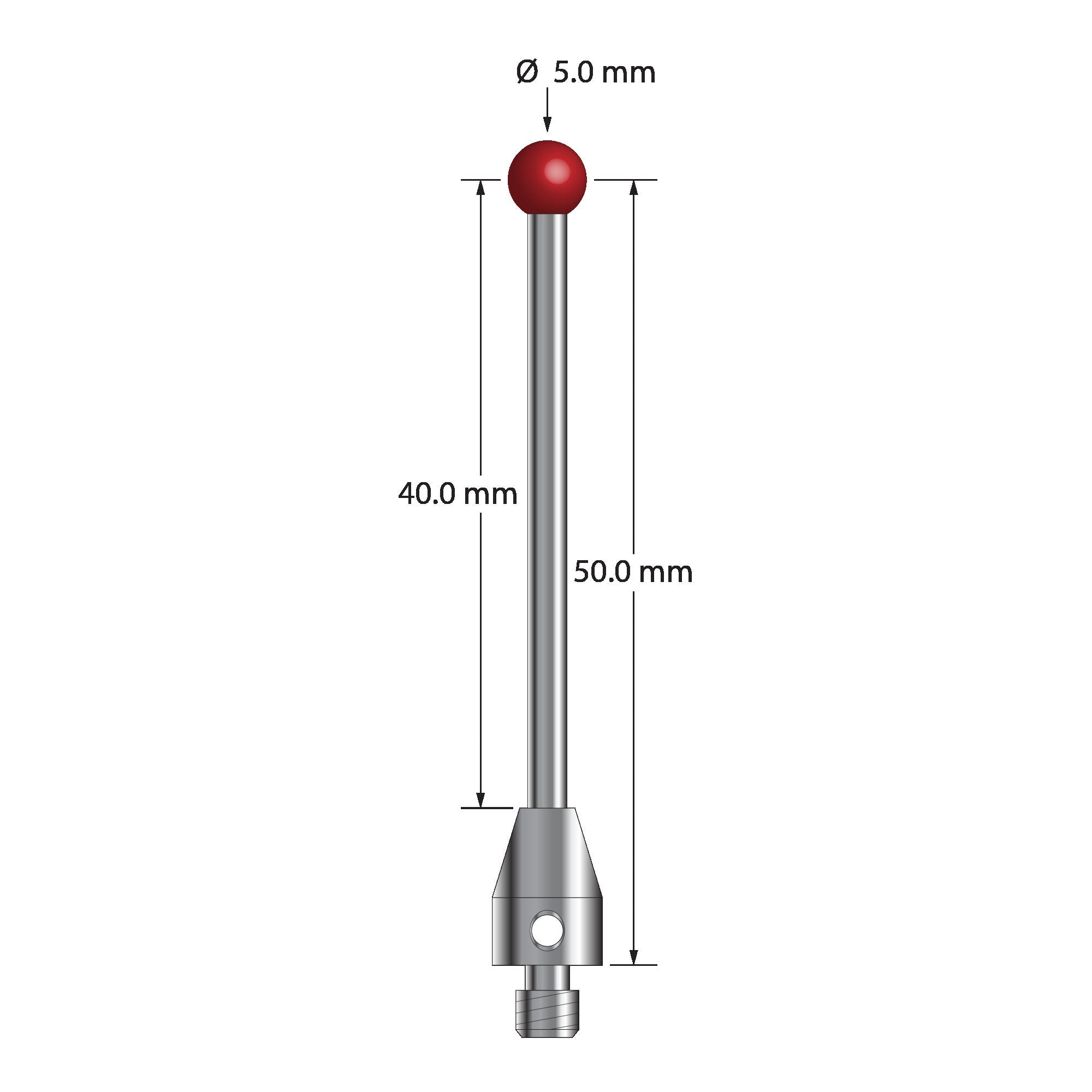 TM4-5052.5 M4 stylus with 5.0mm ruby ball, carbide stem, and stainless steel base, 50.0mm long by Q-Mark Manufacturing, Inc.
