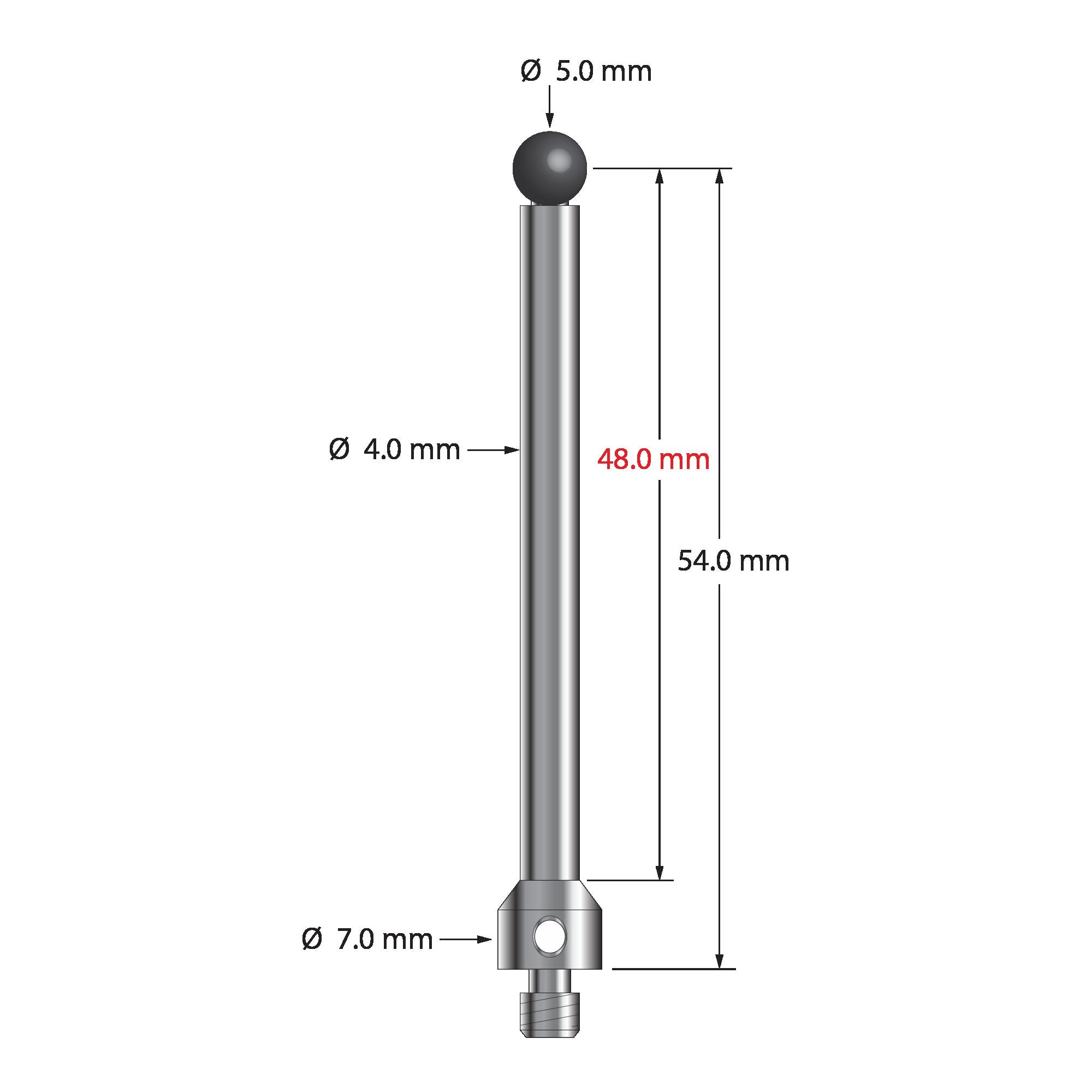 TM4-5056.5-EC M4 stylus, 5.0mm carbide ball, stainless steel, 54.0mm long by Q-Mark Manufacturing, Inc.