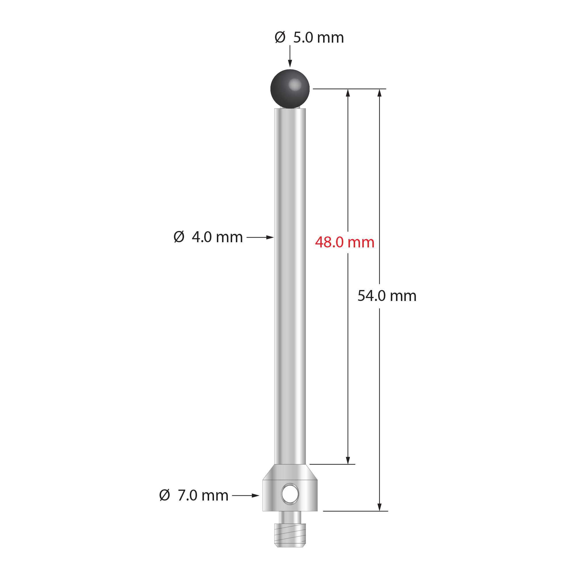 TM4-5056.5-EC M4 stylus with 5.0mm carbide ball, stainless steel base, and 54.0mm length by Q-Mark Manufacturing, Inc.