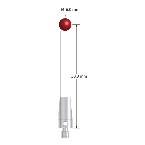 M4 stylus with 6.0 mm diameter ruby ball, 4.5 mm diameter ceramic stem, and 7.0 mm diameter x 15.0 mm long stainless steel base.  Stylus length to ball center is 50.0 mm.  Stylus weight is 4.68 grams.  Compare to Renishaw A-5000-3709.