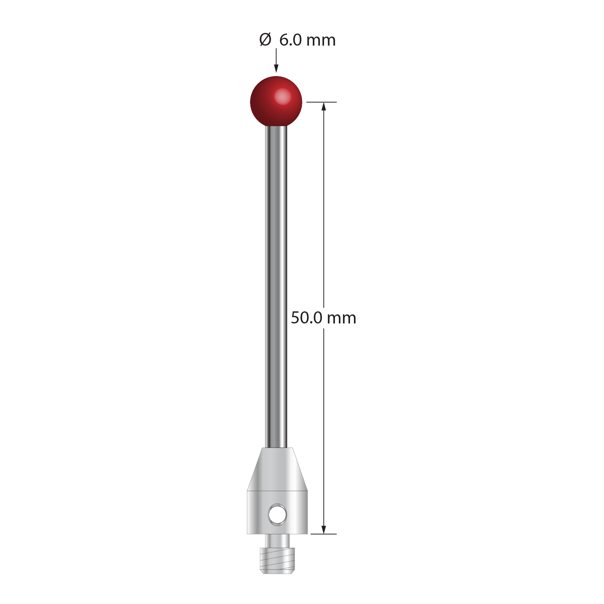 TM4-6053 M4 stylus with 6.0mm ruby ball, carbide stem, stainless steel base, 50mm long by Q-Mark Manufacturing, Inc.