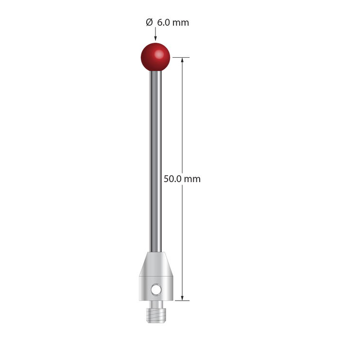 M4 stylus with 6.0 mm diameter ruby ball, 2.5 mm diameter carbide stem, and 7.0 mm diameter x 10.0 mm long stainless steel base.  Stylus length to ball center is 50.0 mm.  Stylus weight is 5.28 grams.  Compare to Renishaw A-5003-4801.