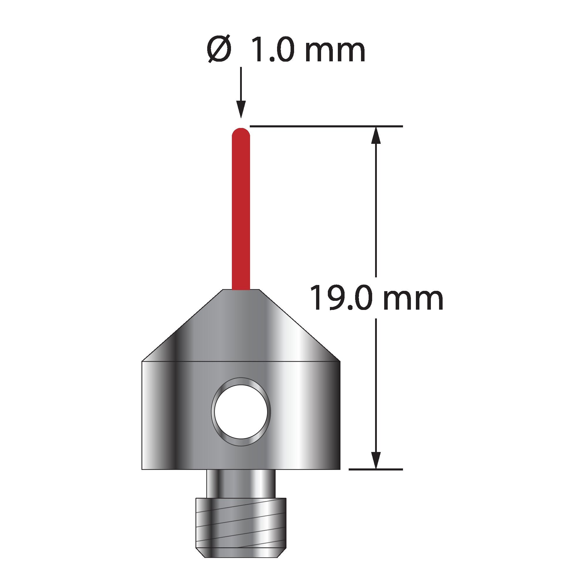 TM5-1019-B M5 stylus with 1.0mm ruby cylinder and stainless steel base, 19.0mm long.