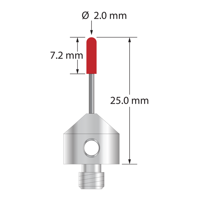 M5 stylus with 2.0 mm diameter ruby cylinder, 1.0 mm diameter carbide stem, and 11.0 mm diameter x 10.0 mm long titanium base.  Overall stylus length is 25.0 mm.  Stylus weight is 3.46 grams.  Cylinder styli are used for edge probing, for example, the edges of stampings or sheet metal parts.  They are not suitable for high accuracy work because the form of a cylinder is not as precise as a sphere.  Please contact us with any questions about calibrating or using cylinder styli.
