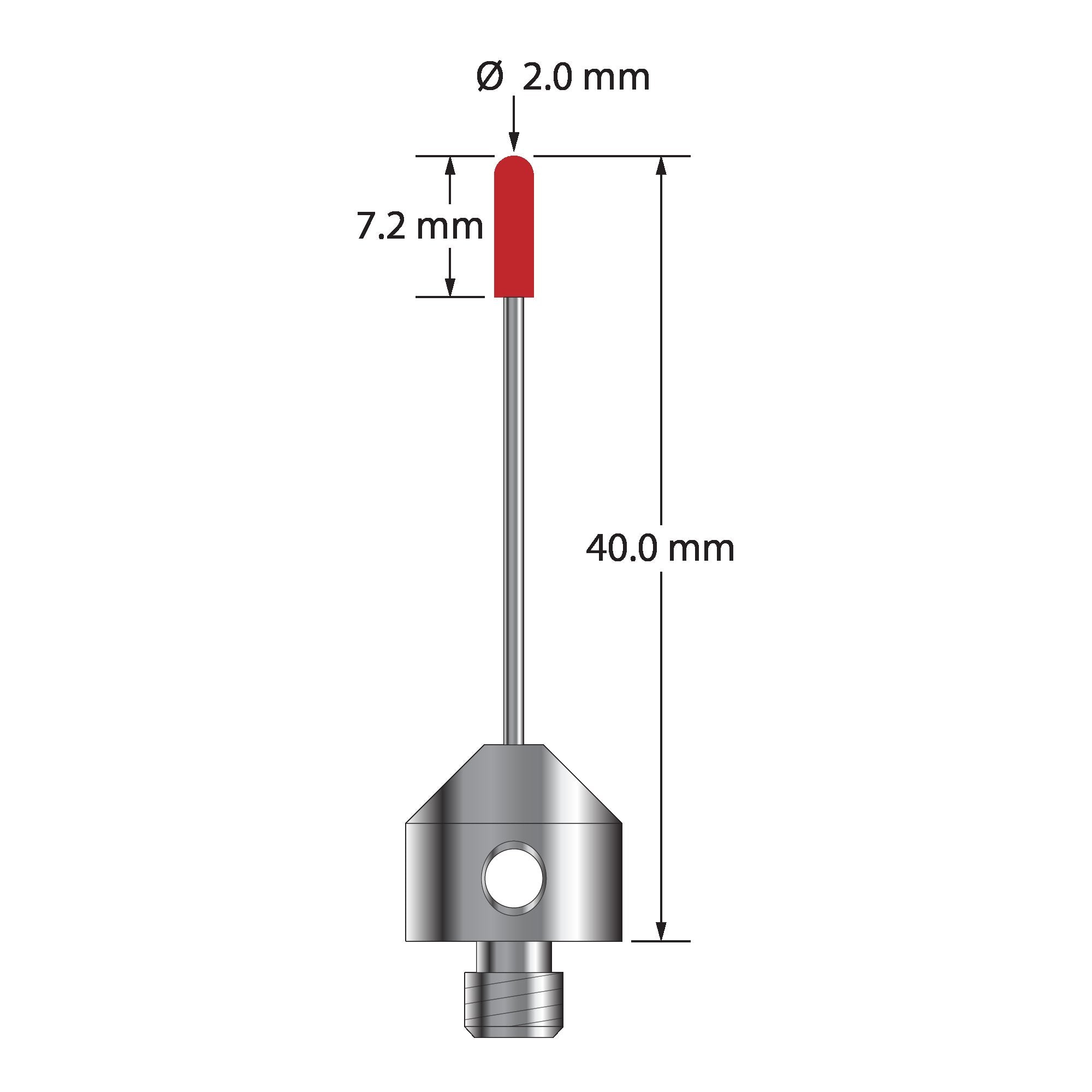 TM5-2040-B M5 stylus with ruby cylinder, carbide stem, and titanium base, 40mm long.