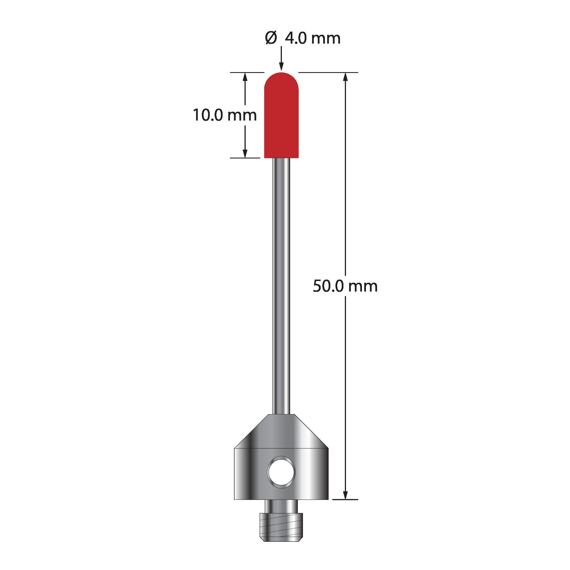 TM5-4050-B M5 stylus with 4.0mm ruby cylinder, carbide stem, and titanium base, 50.0mm long.