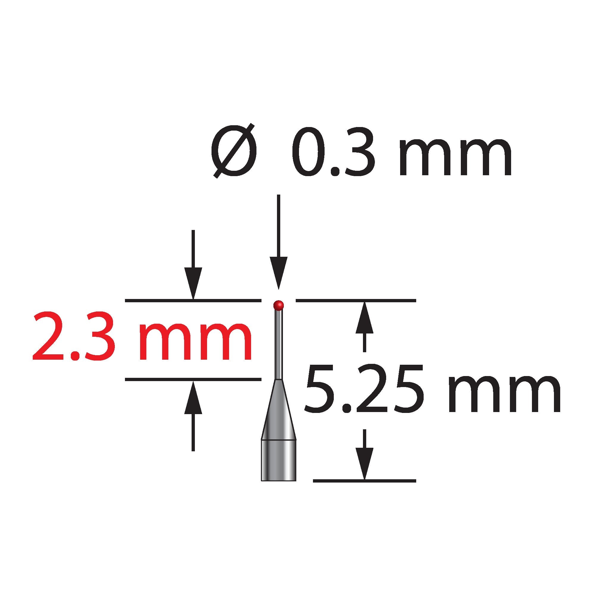 TST-0305.25-R unthreaded stylus with 0.3mm ruby ball and tapered carbide stem, 5.25mm length by Q-Mark Manufacturing, Inc.