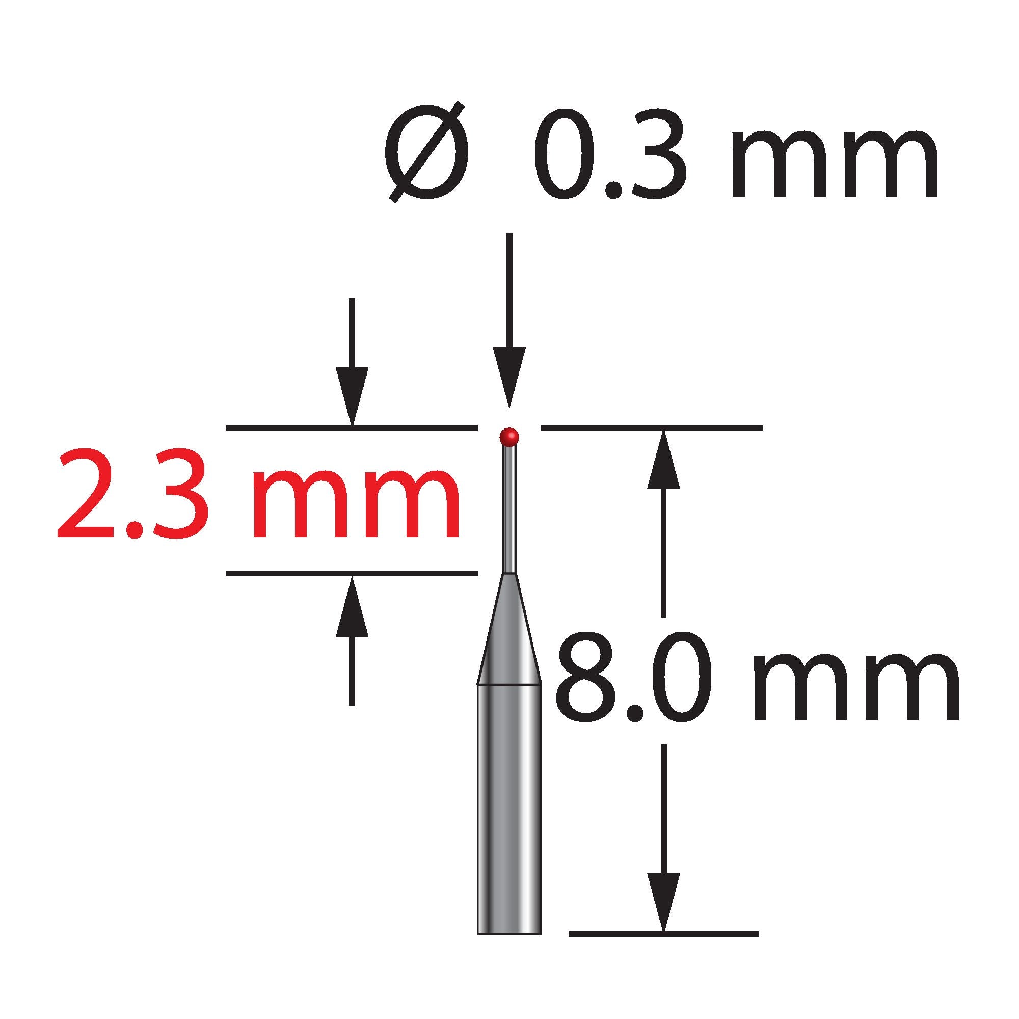 TST-0308-R unthreaded stylus with 0.3mm ruby ball and tapered carbide stem, 8.0mm long by Q-Mark Manufacturing, Inc.