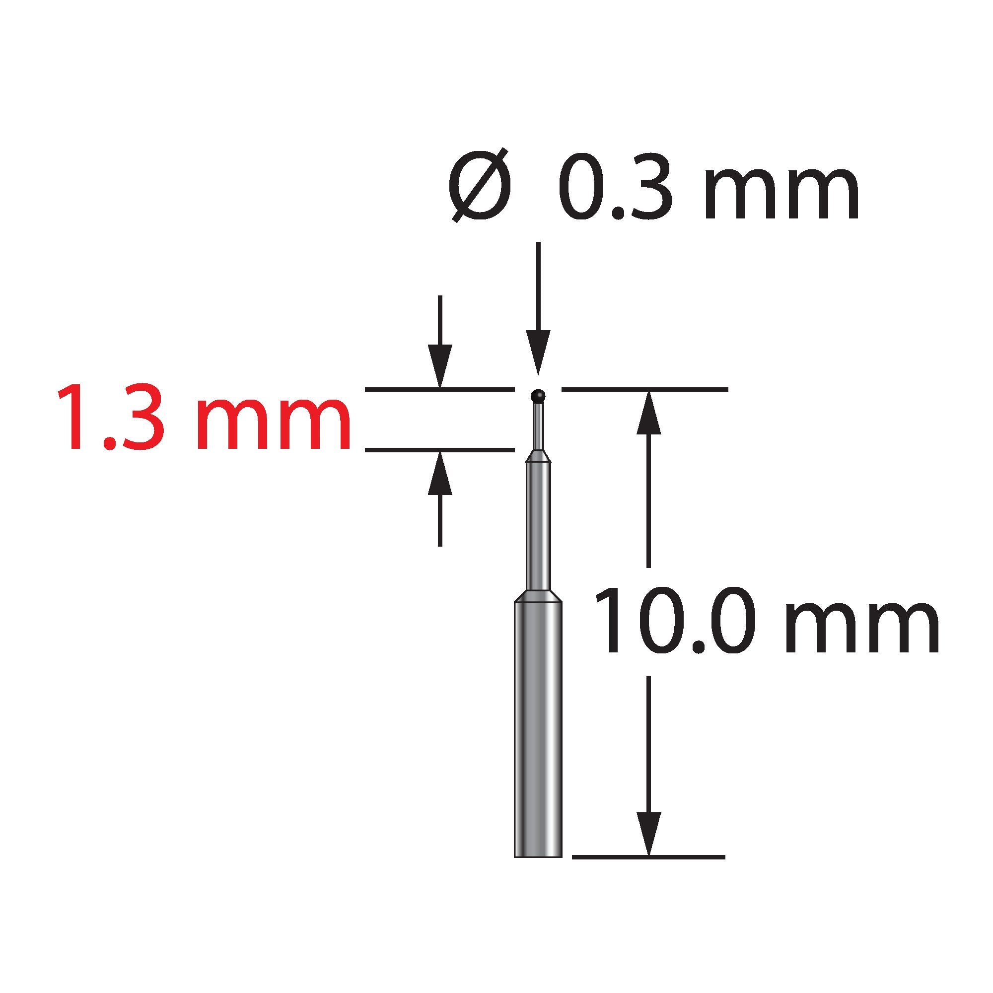 TST-0310-C unthreaded stylus with 0.3mm carbide ball and stepped carbide stem, 10.0mm long.