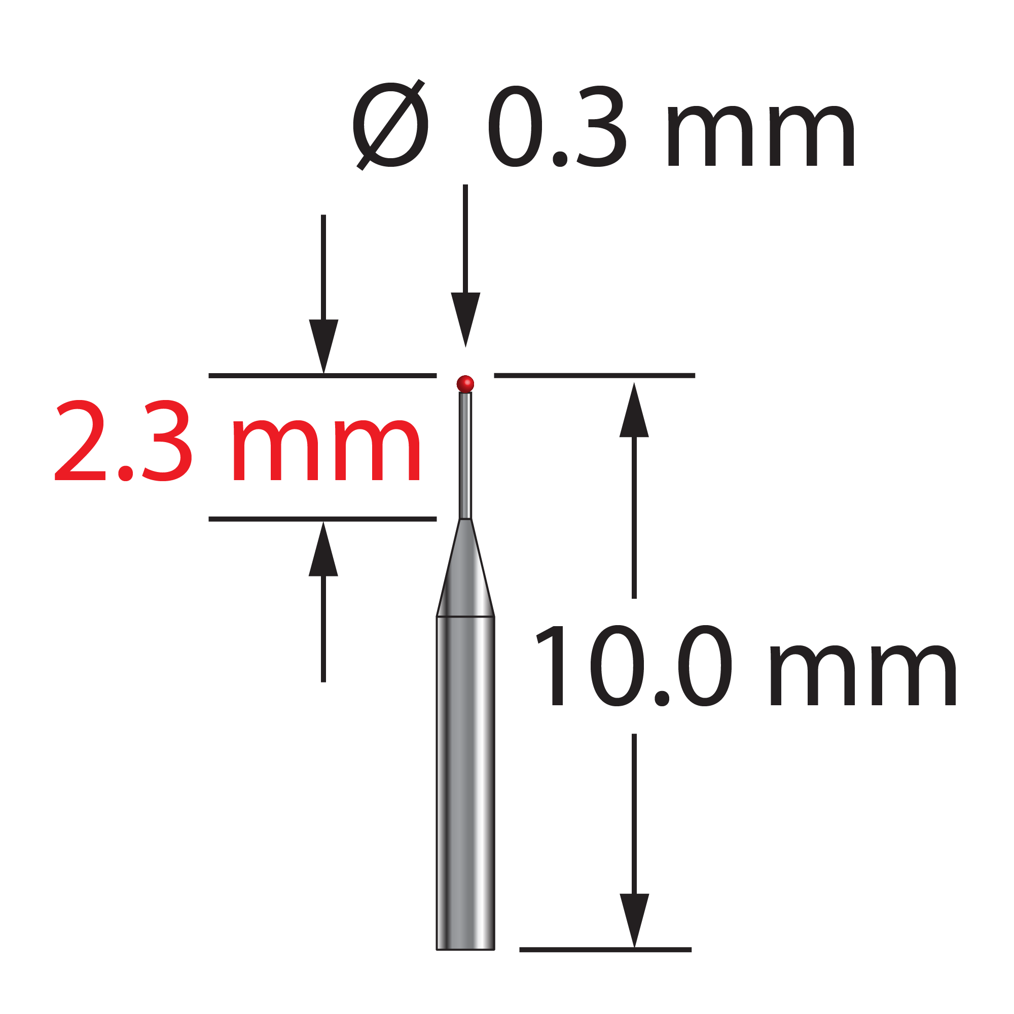TST-0310-R unthreaded stylus with 0.3mm ruby ball and tapered carbide stem, 10mm long.