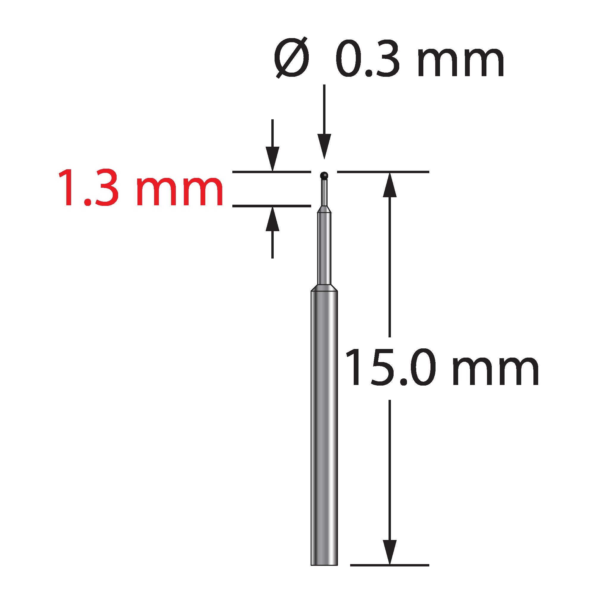 TST-0315-C unthreaded stylus with 0.3mm carbide ball and stepped carbide stem, 15mm long, by Q-Mark Manufacturing, Inc.