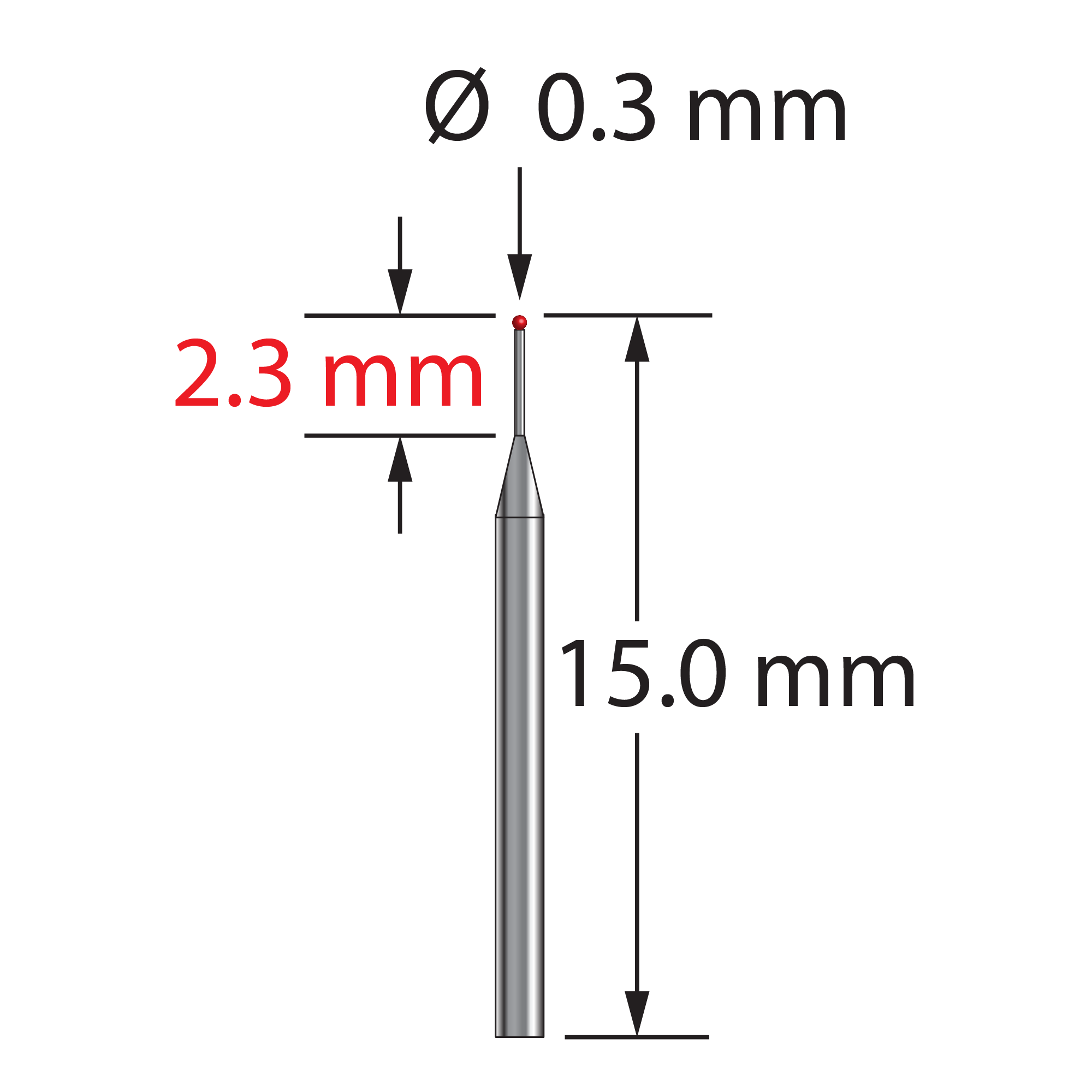 TST-0315-R unthreaded stylus with 0.3mm ruby ball and tapered carbide stem, 15mm long.