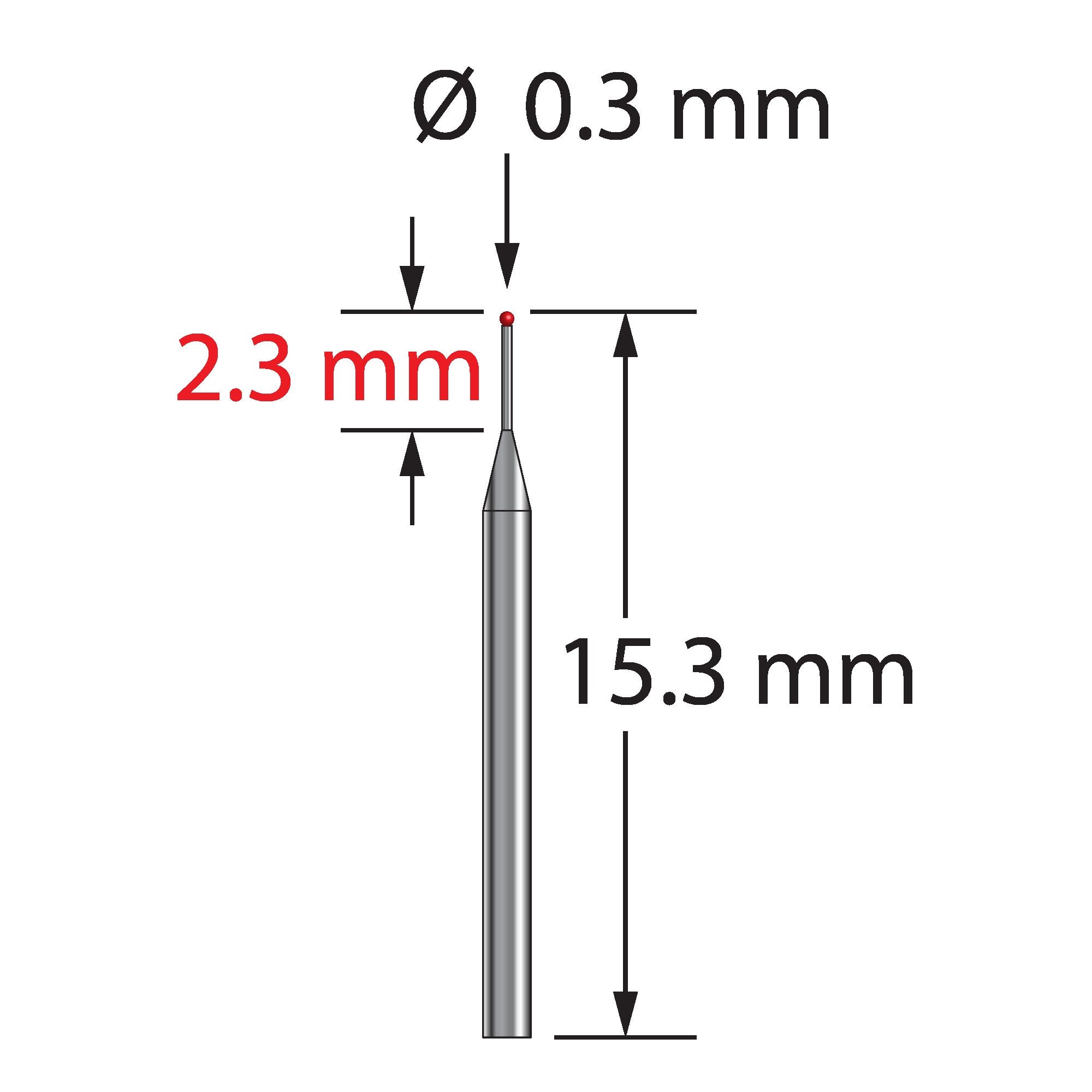 TST-0315.3-R unthreaded stylus with 0.3mm ruby ball and tapered carbide stem, 15.3mm long.