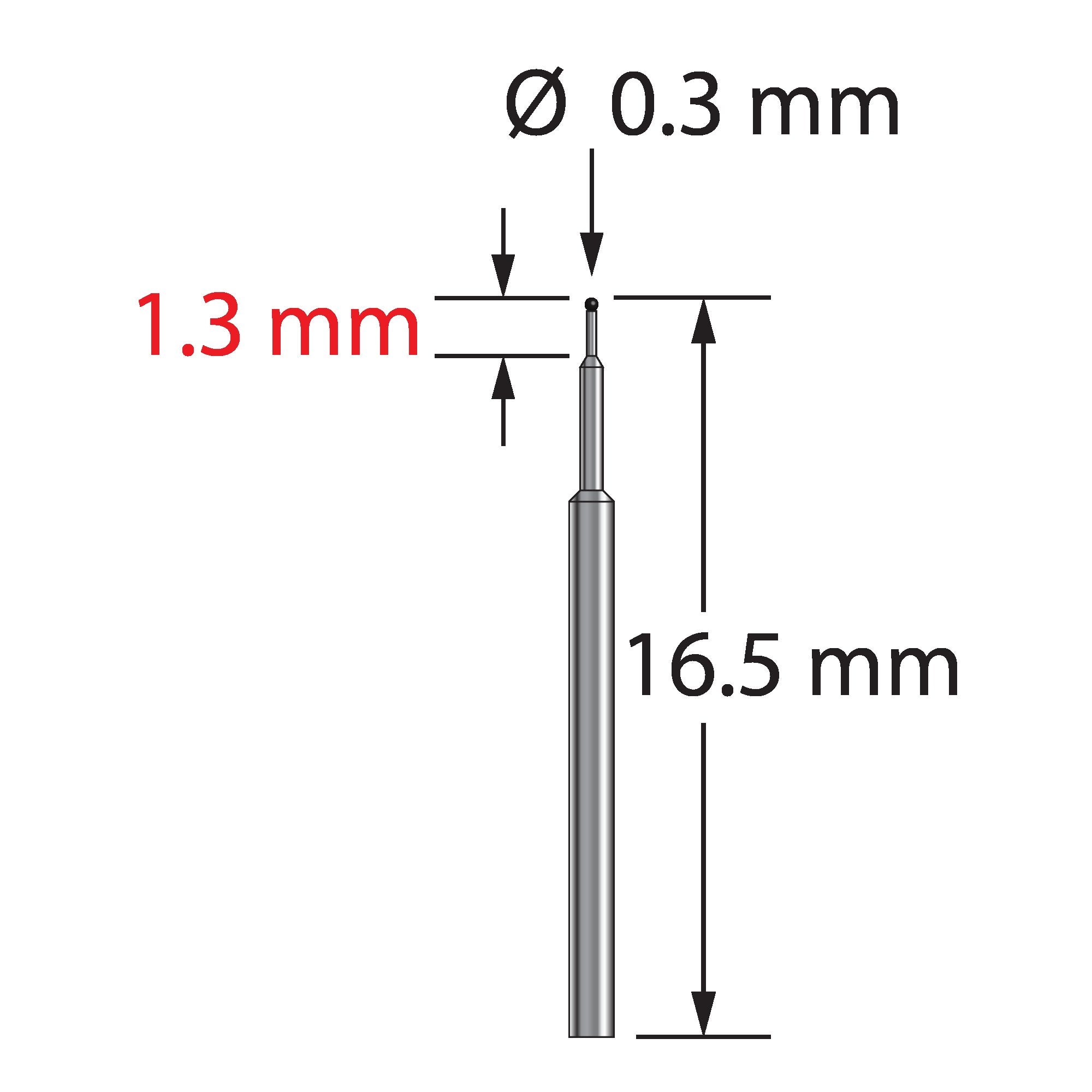 TST-0316.5-C unthreaded stylus with 0.3mm carbide ball and stepped carbide stem, 16.5mm long.