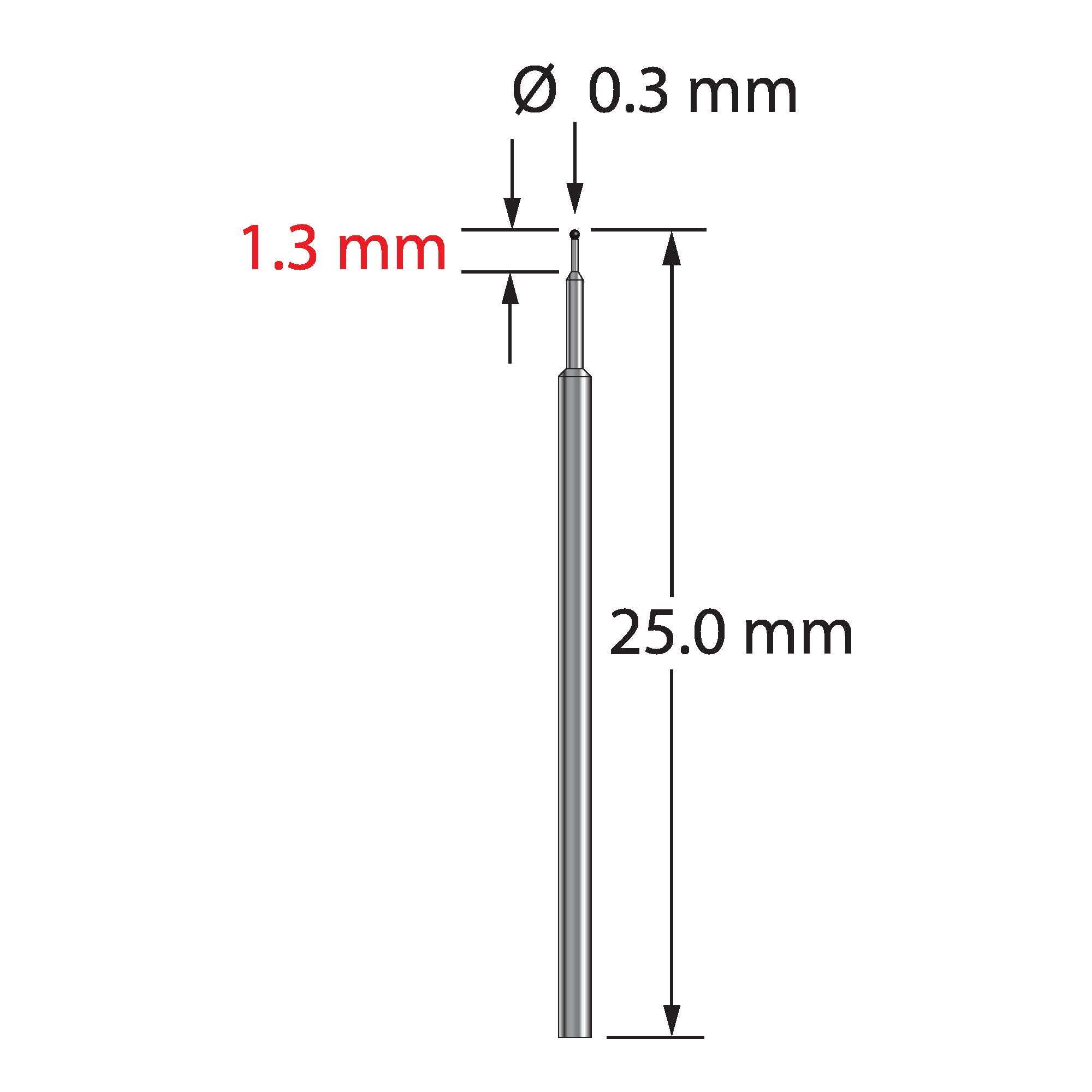 TST-0325-C 0.3mm carbide ball stylus with stepped carbide stem, 25mm long by Q-Mark Manufacturing, Inc.
