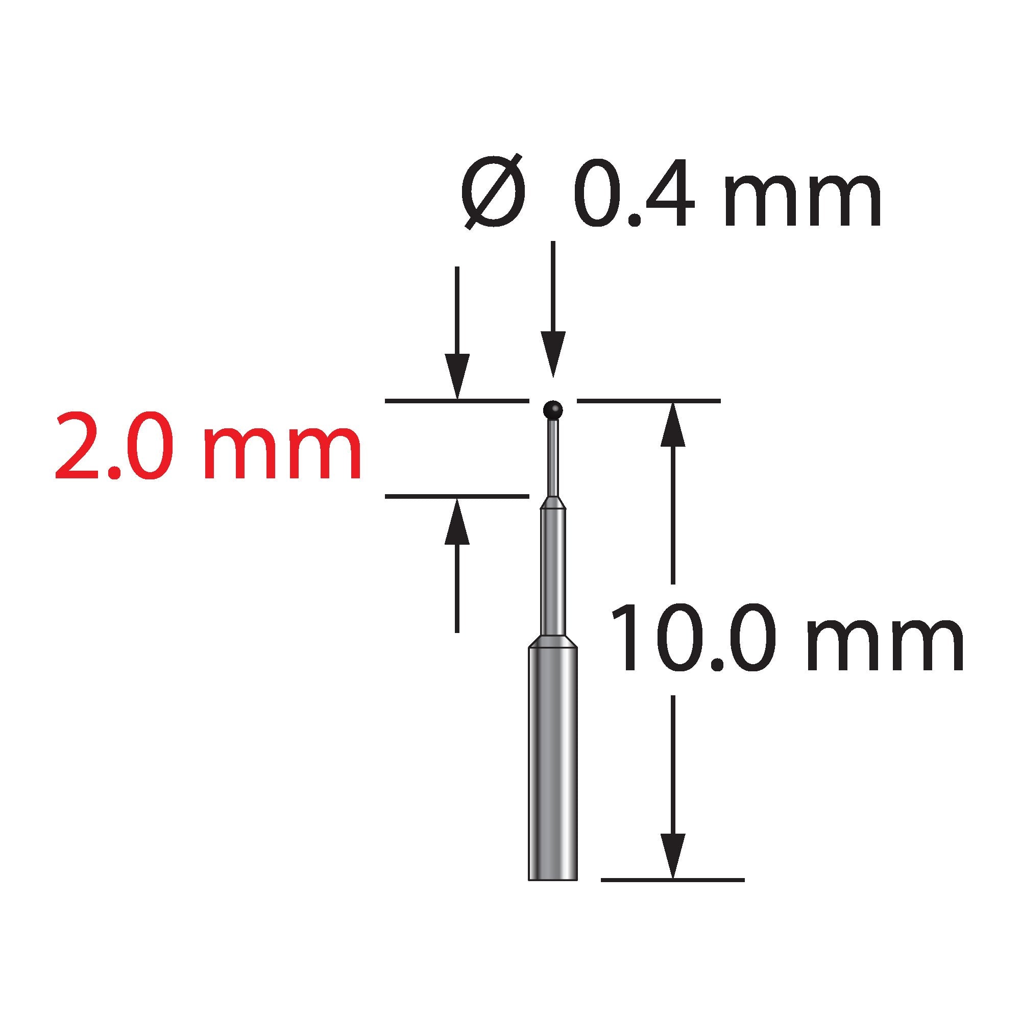 TST-0410-C 0.4mm carbide ball stylus with stepped carbide stem, 10.0mm long by Q-Mark Manufacturing, Inc.